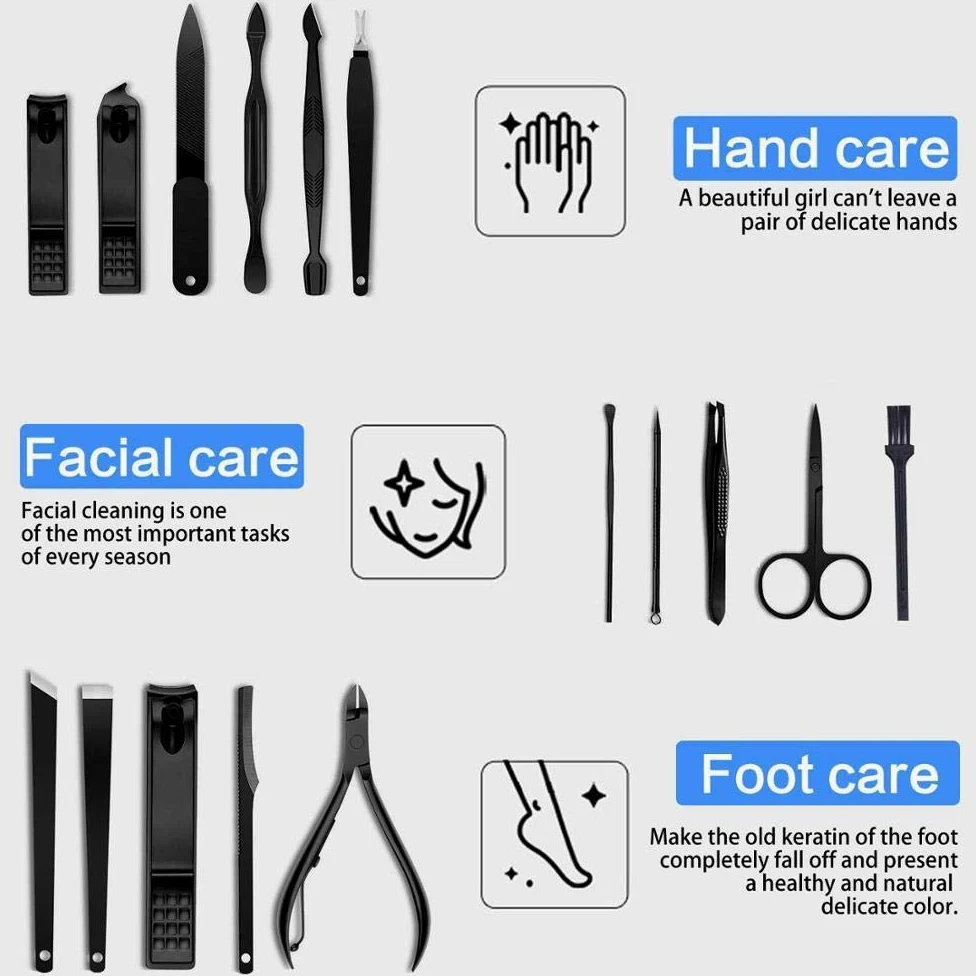 Juego de manicura, kit de cortaúñas profesional, herramientas de cuidado de pedicura de acero inoxidable con estuche de almacenamiento para hombres, mujeres, viajes y hogar-D_Juego de 16 piezas (azu