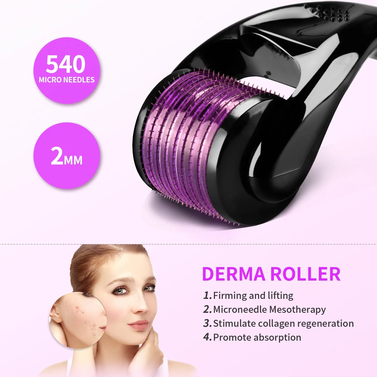 Derma Roller 2mm 540 Titanio Microneedle Roller Rejuvenecimiento Facial Anti-arrugas