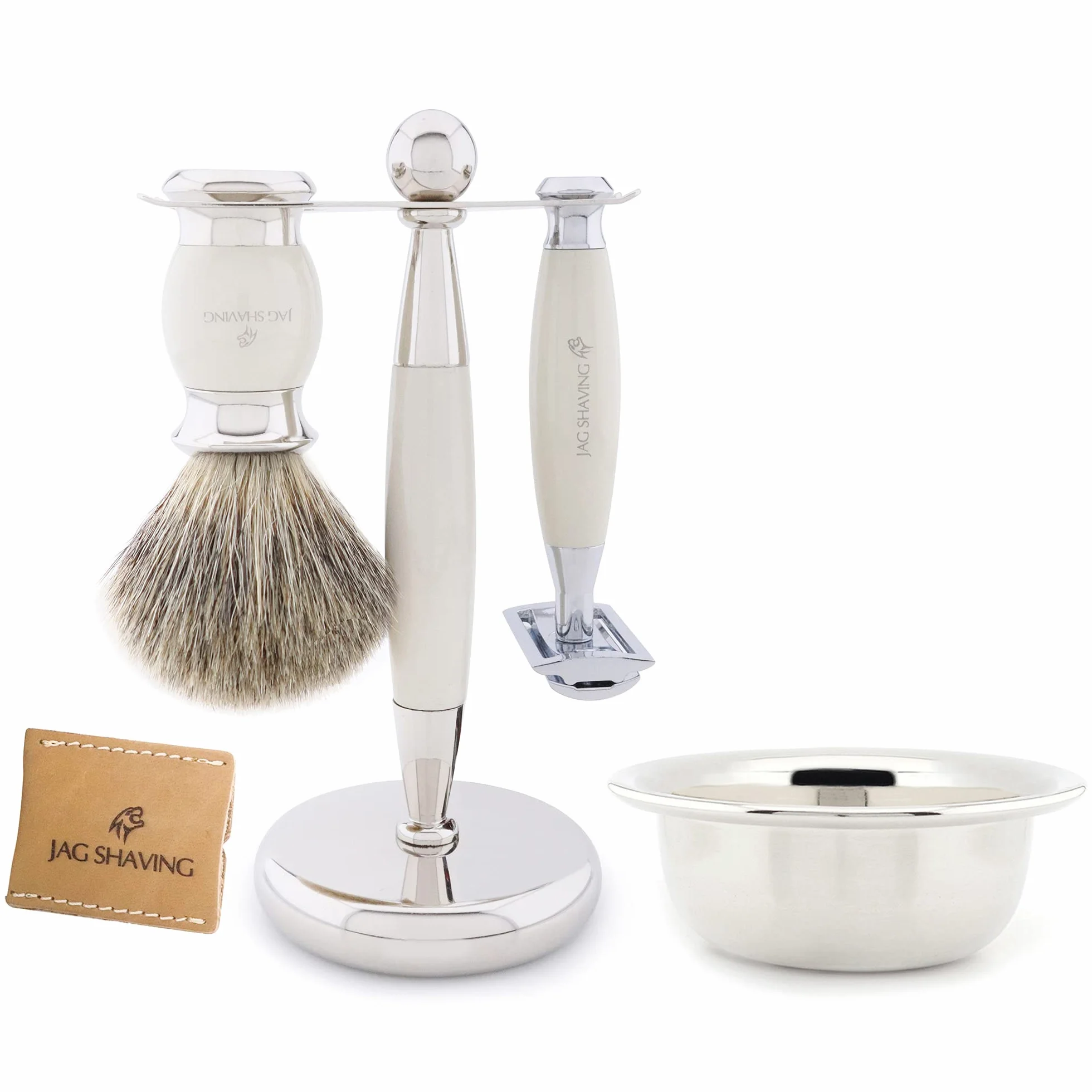 Jag Shaving JAG's Lee Range Juego de afeitado de 5 piezas, Brocha de afeitar de pelo de tejón, Cuchillas de afeitar de doble filo, Soporte de afeitado