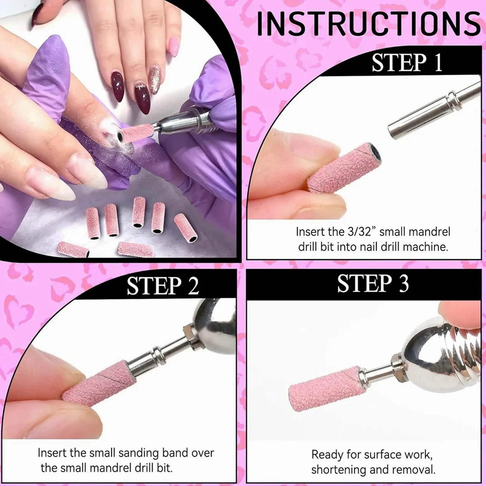 Fresas Torno Para UñAs Rosa 50 piezas con mandril Bit Grit pequeñas limas de uñas for manicura Gel para Manicura