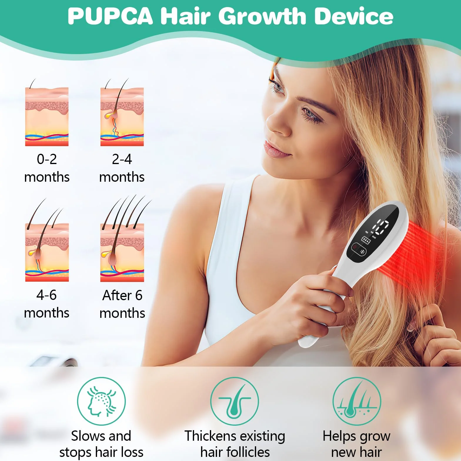 Peinado de crecimiento del cabello láser, tratamiento de crecimiento del cabello rojo y brillante para hombres y mujeres, crecimiento del cabello con masajeador eléctrico del cuero cabelludo