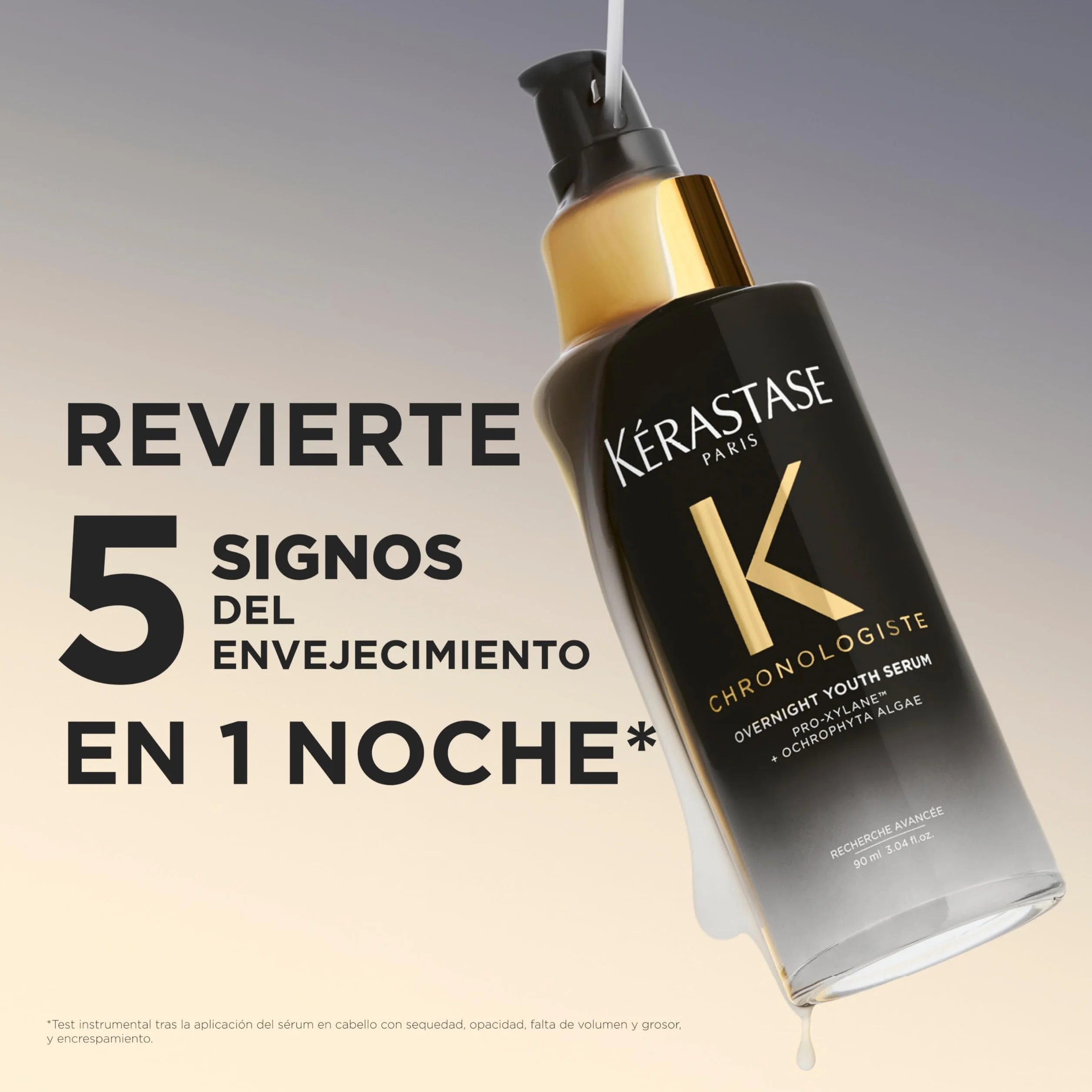 Kérastase Chronologiste, Sérum Capilar Rejuvenecedor de Noche, Cabello Debilitado por los Signos de Envejecimiento Capilar, Combate el Encrespamiento, Enriquecido con Pro-Xylane y alga Ocrófita, 90ml