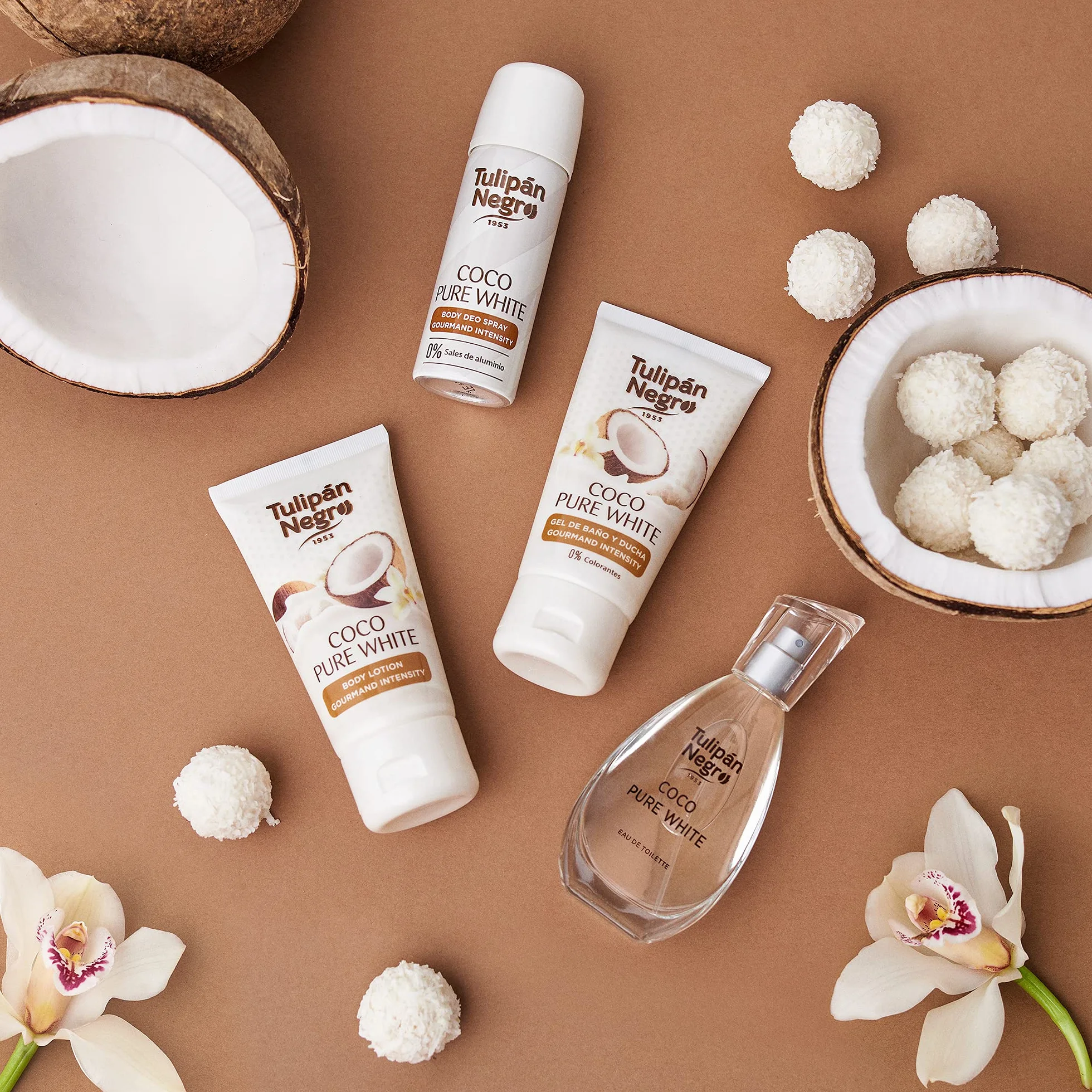 Estuche Tulipán Negro Coco Pure White Colonia 50 ml + Loción Corporal 75 ml + Gel de Baño 75 ml + Desodorante Spray 50 ml