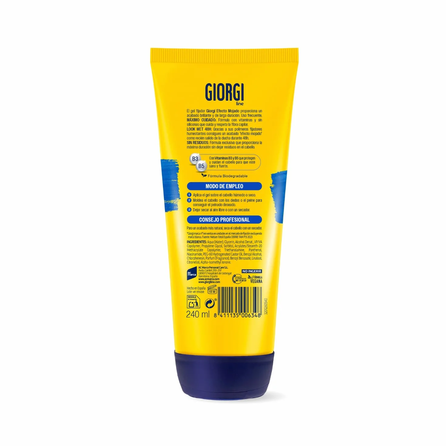 Giorgi Line Gomina Efecto Mojado XXL Fijación 3 Extrafuerte Brillo Intenso 48h Sin Alcohol Siliconas Formato Ahorro 240 ml