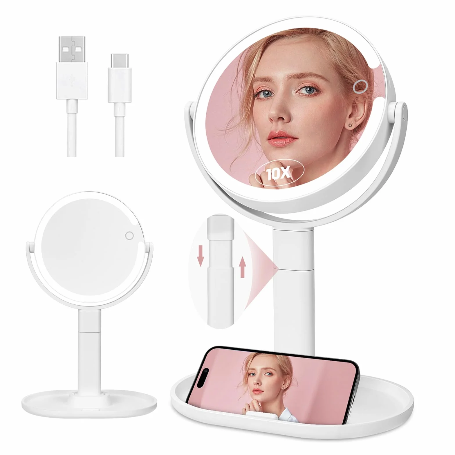 Espejo Maquillaje con Luz 10X/1X Aumento Doble Cara Recargable 1500mAh USB Type-C 360 Giratorio 3 Colores Brillo Regulable