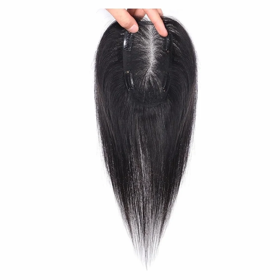 Topper para cabello humano para mujer, base de encaje suizo 9 × 14 cm, clip para cabello liso Remy extensiones de cabello (negro natural, 12 pulgadas)