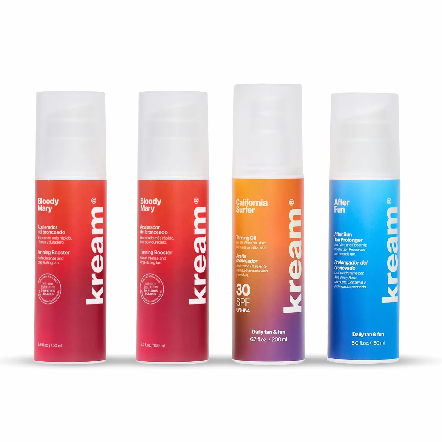 KREAM Tan Lovers Pack - 2 Aceleradores del Bronceado + Aceite Solar Bronceador SPF30 California Surfer + After Sun Hidratante | Set Completo para un Bronceado Duradero