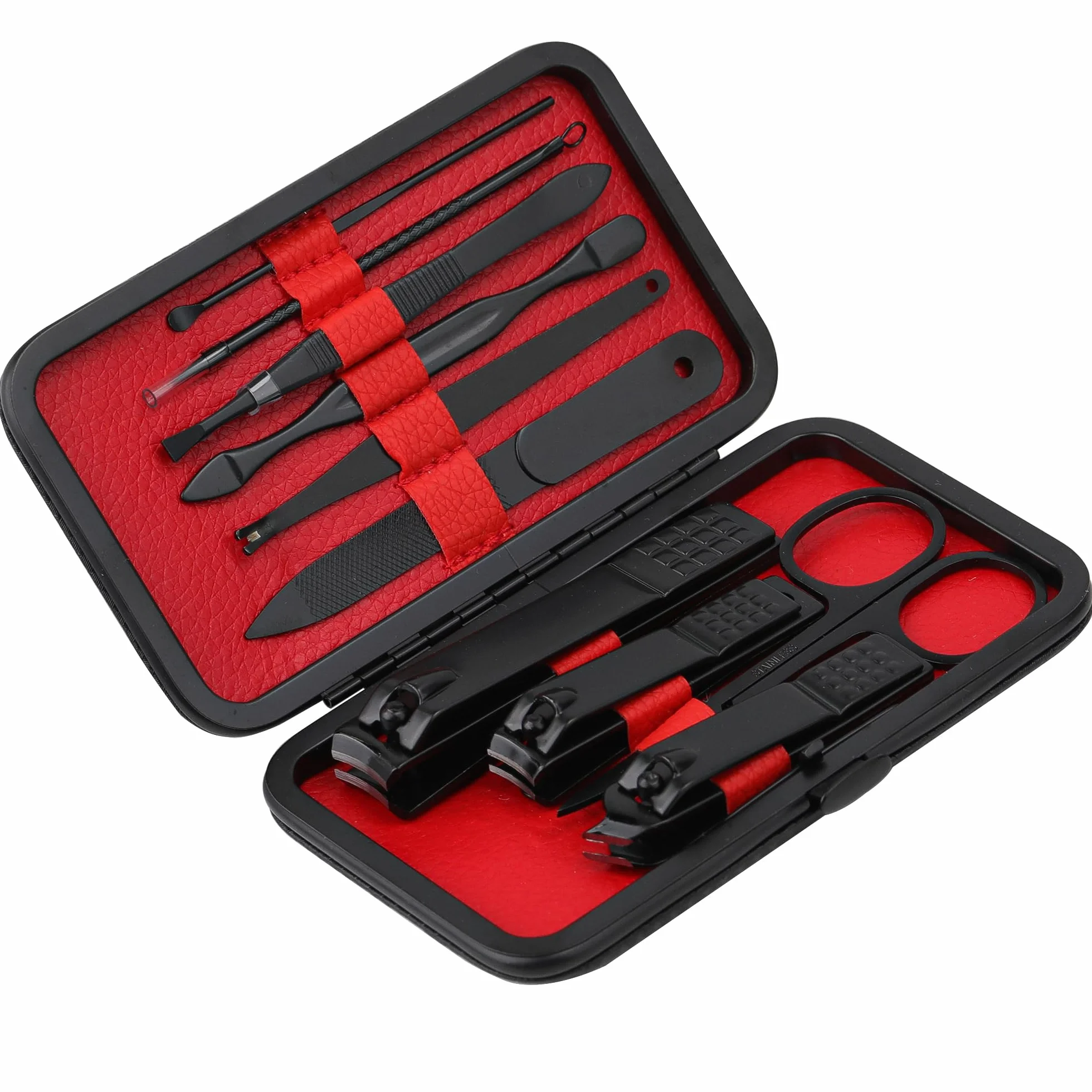 Juego de manicura cortaúñas profesionales acero inoxidable 10 en 1 negro con estuche de viaje
