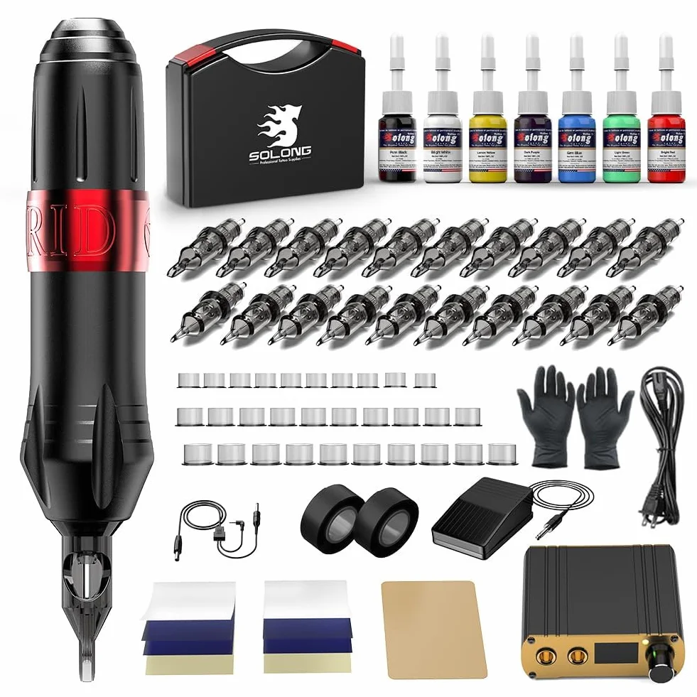 Solong Tattoo - Juego de Máquinas de Tatuaje Híbridas Profesionales con Motor de Alto Rendimiento, 20 Agujas, Fuente de Alimentación LCD de Precisión, Pedal, 7 Tintas Premium y Maletín de Transporte