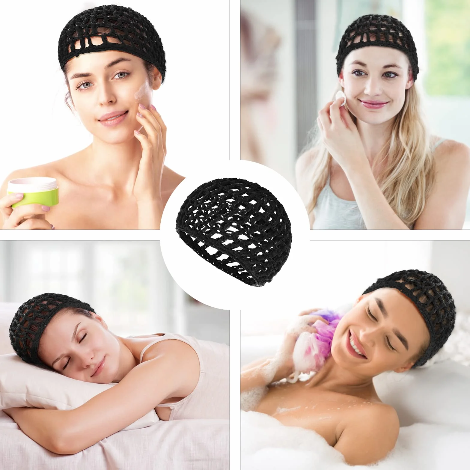 Redecillas para el cabello para dormir, gorros largos rectos rizados, protector de cabeza malla negra, moño correa levantamiento, para mujer