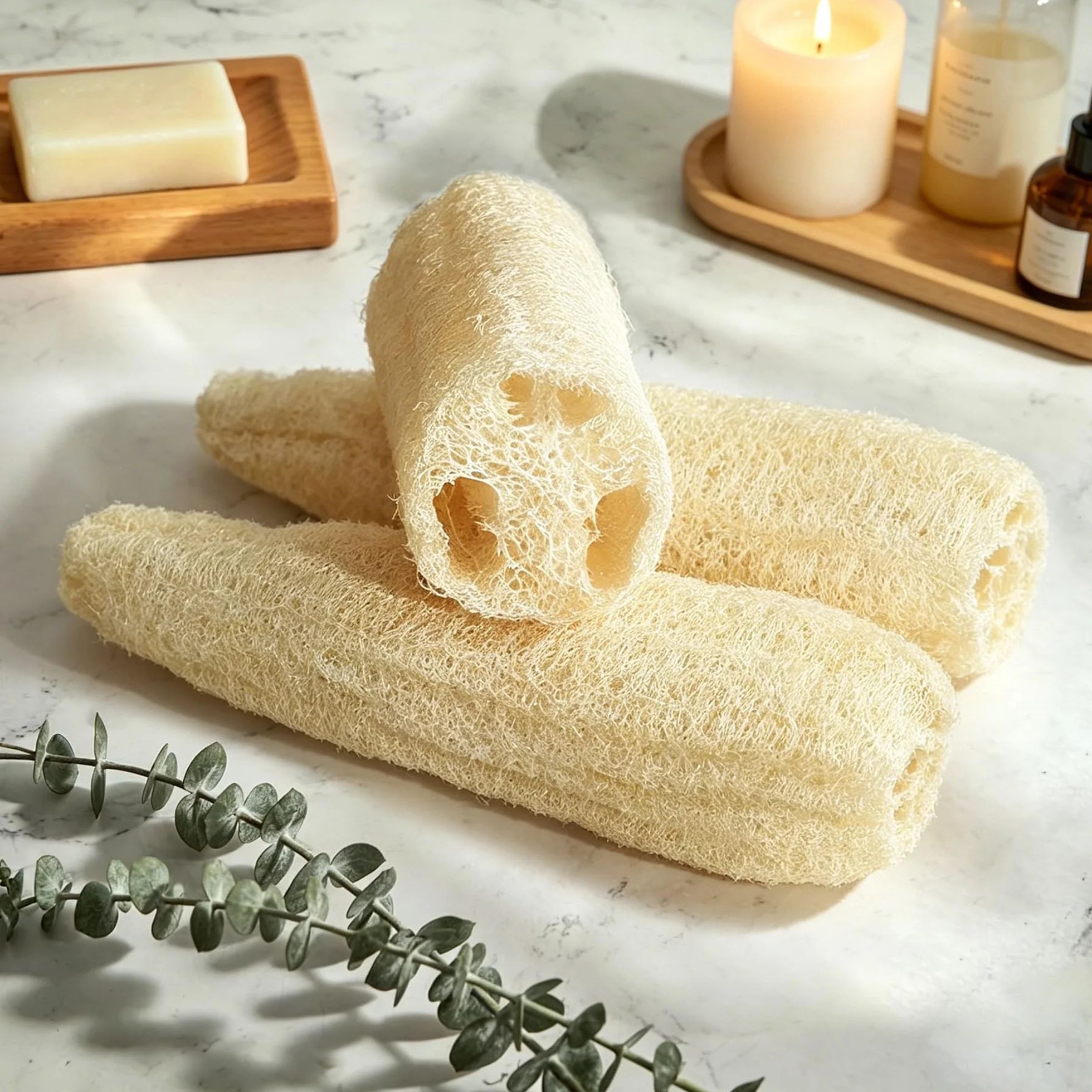 Esponjas de lufa orgánicas naturales grandes exfoliantes para ducha, baño, paquete de 4