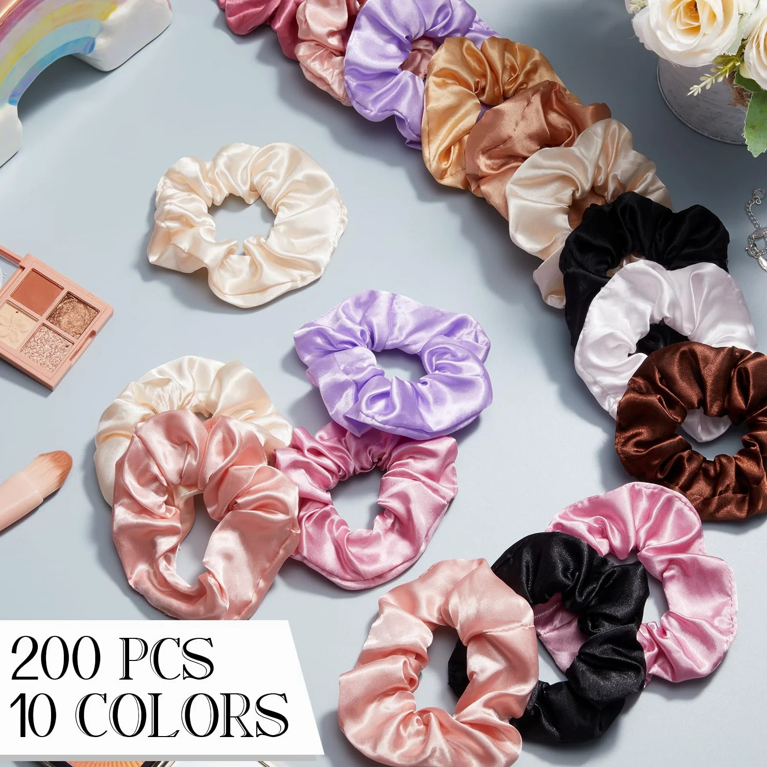 Hoteam 200 bandas elásticas de satén para el pelo a granel para soporte de cola de caballo, color sólido, bandas elásticas para el cabello, para mujeres, adolescentes, regalo de cumpleaños (color