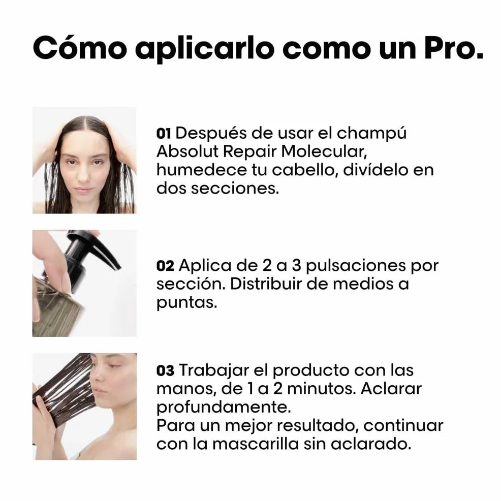 L’Oréal Professionnel, Tratamiento Molecular Instantáneo, Sérum Pelo Seco y Dañado con Aclarado, Sin Sulfatos, Repara Daños y Fortalece el Cabello, Fórmula Patentada, Absolut Repair Molecular, 250ml