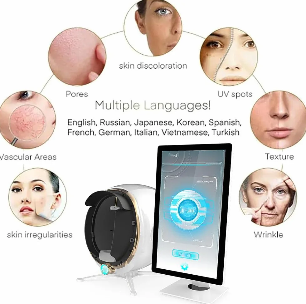 Analizador de Piel facial,Estación de Evaluación Epidérmica con Pantalla 21.5" - 8 Espectros,Análisis en 9 Dimensiones (Poros/Hidratación) nformes Personalizables para Uso Profesional‌,White
