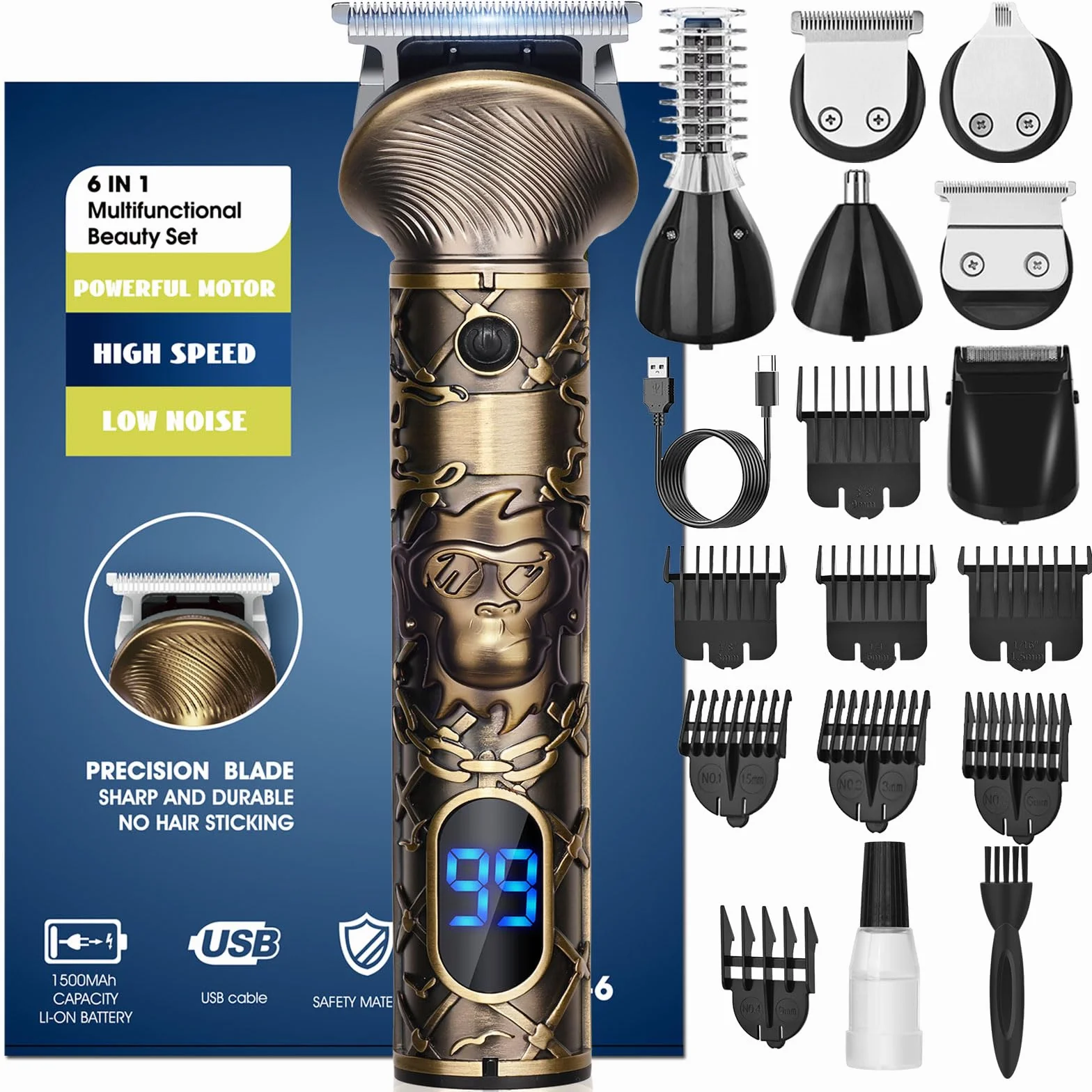 Maquina de Afeitar Hombre Inalámbrico Cortapelos Kit 6 en 1 Recargable con LED