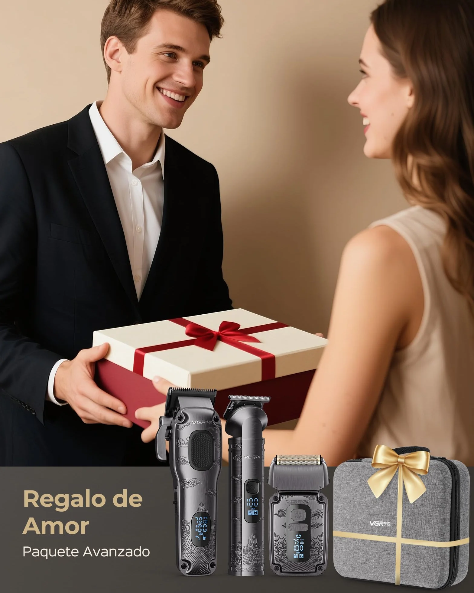 VGRPRO Maquina de Cortar Pelo Hombre Trimmer Afeitadora Electrica para Barba Sin Cable 4 Velocidades Pantalla LED Bateria Gris