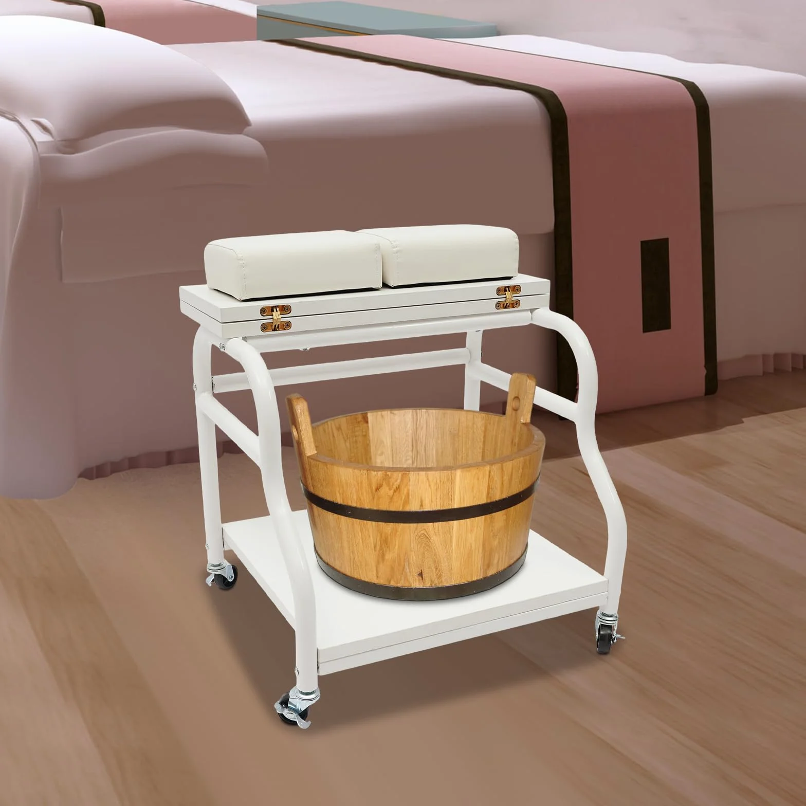 Carrito de spa y pedicura con ruedas y freno, baño de pies plegable, color blanco