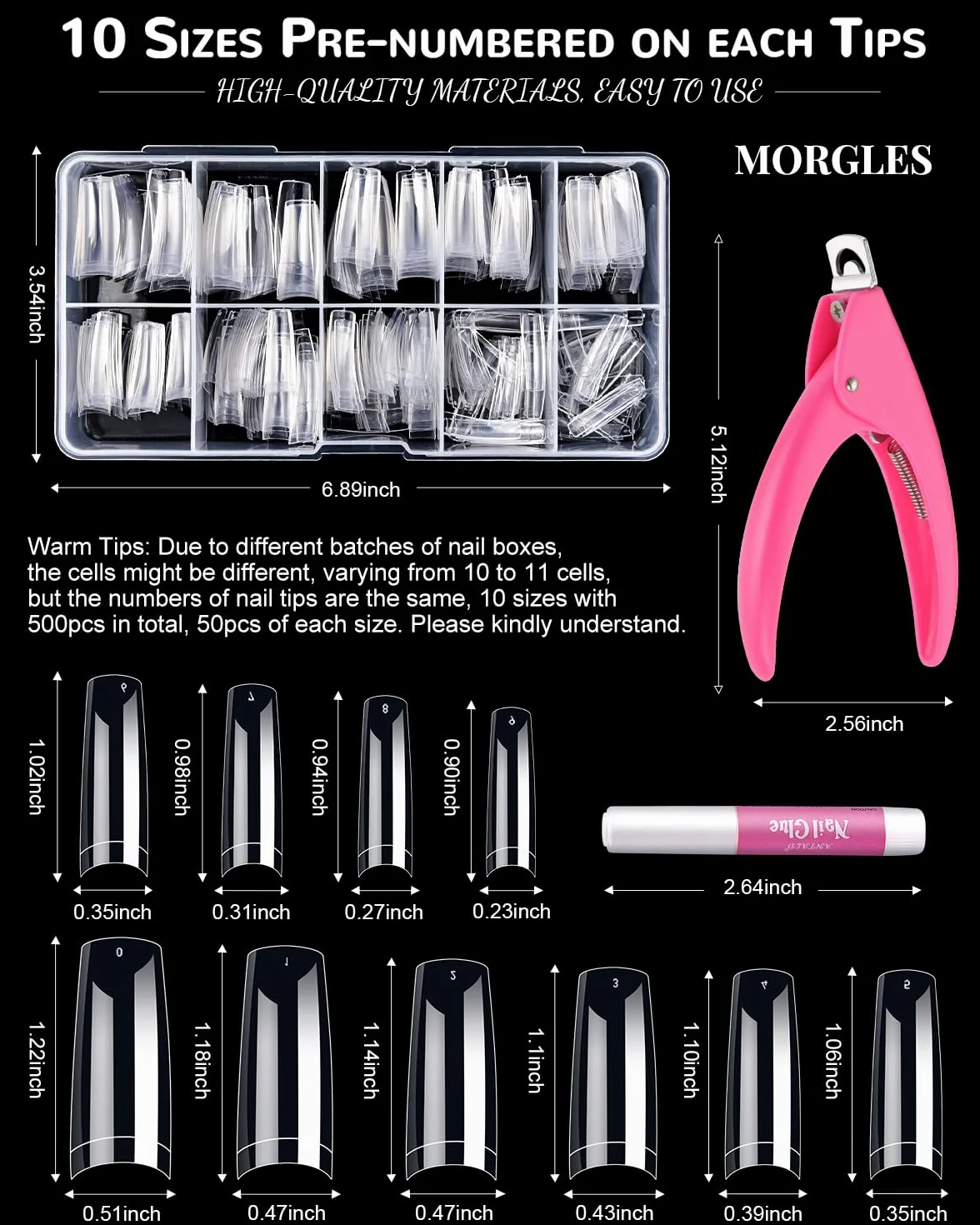 MORGLES Puntas de uñas acrílicas transparentes, 500 piezas francesas de media cubierta con pegamento, lima de uñas, cortaúñas, tenedor de cutículas para arte de uñas