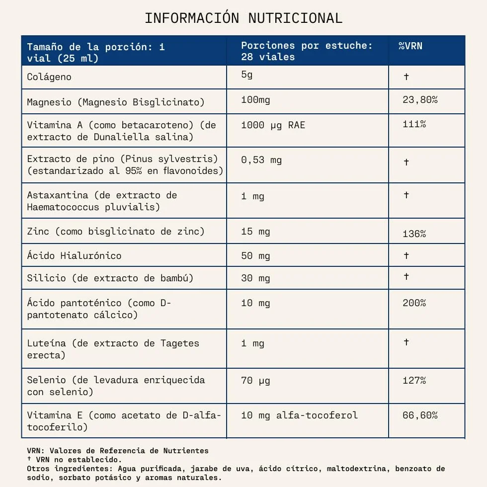 Suplemento líquido para el cuidado de la piel con colágeno y ácido hialurónico | Listo para beber | 28 porciones | Favorece una piel hidratada y suave