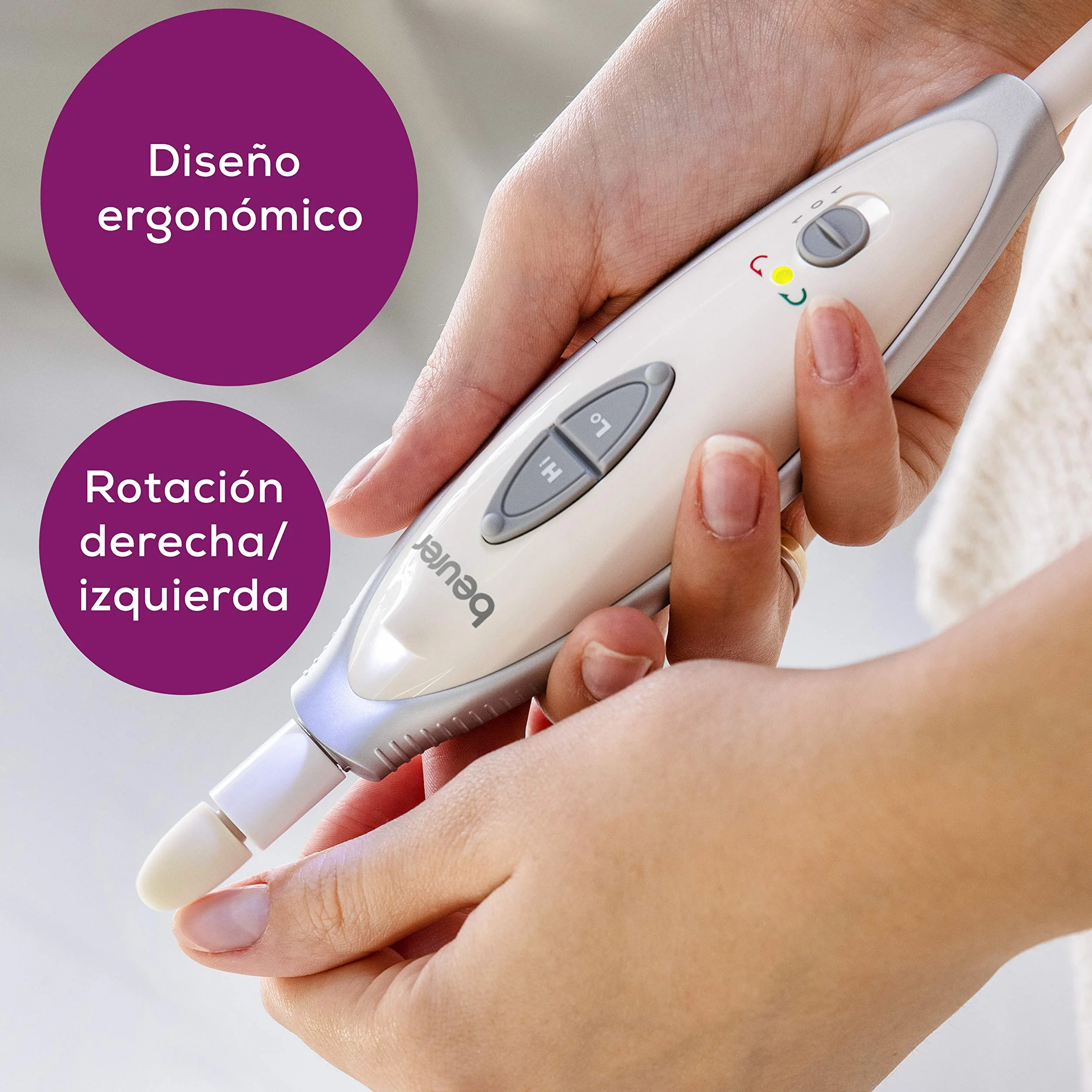 Beurer MP 41 Set de manicura y pedicura profesional, torno para uñas, 7 accesorios, luz LED, rotación izquierda/derecha, 2 velocidades