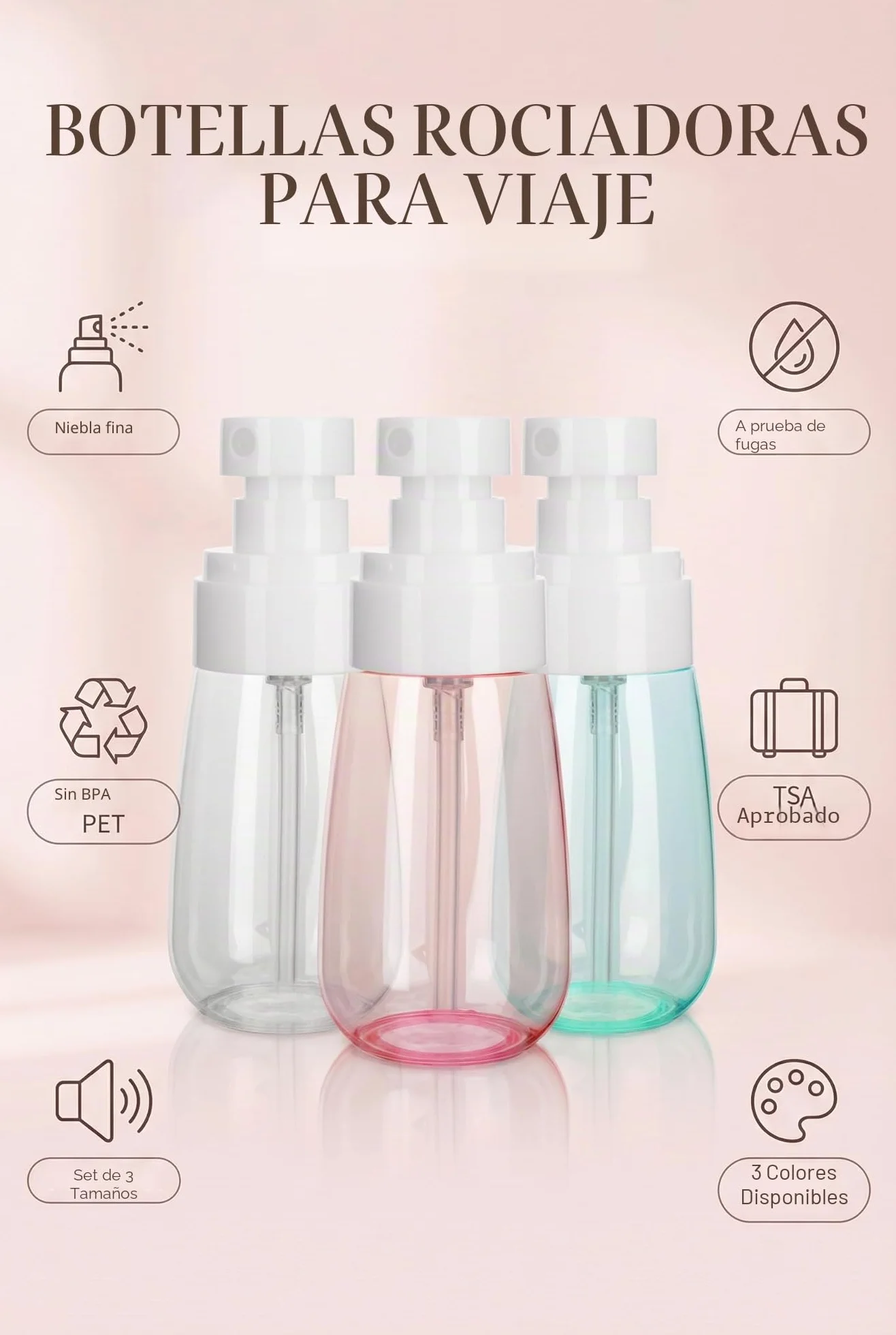 Spray pequeñas botellas de vapor reutilizables a prueba de fugas tamaño viaje TSA 60ml 3 unidades