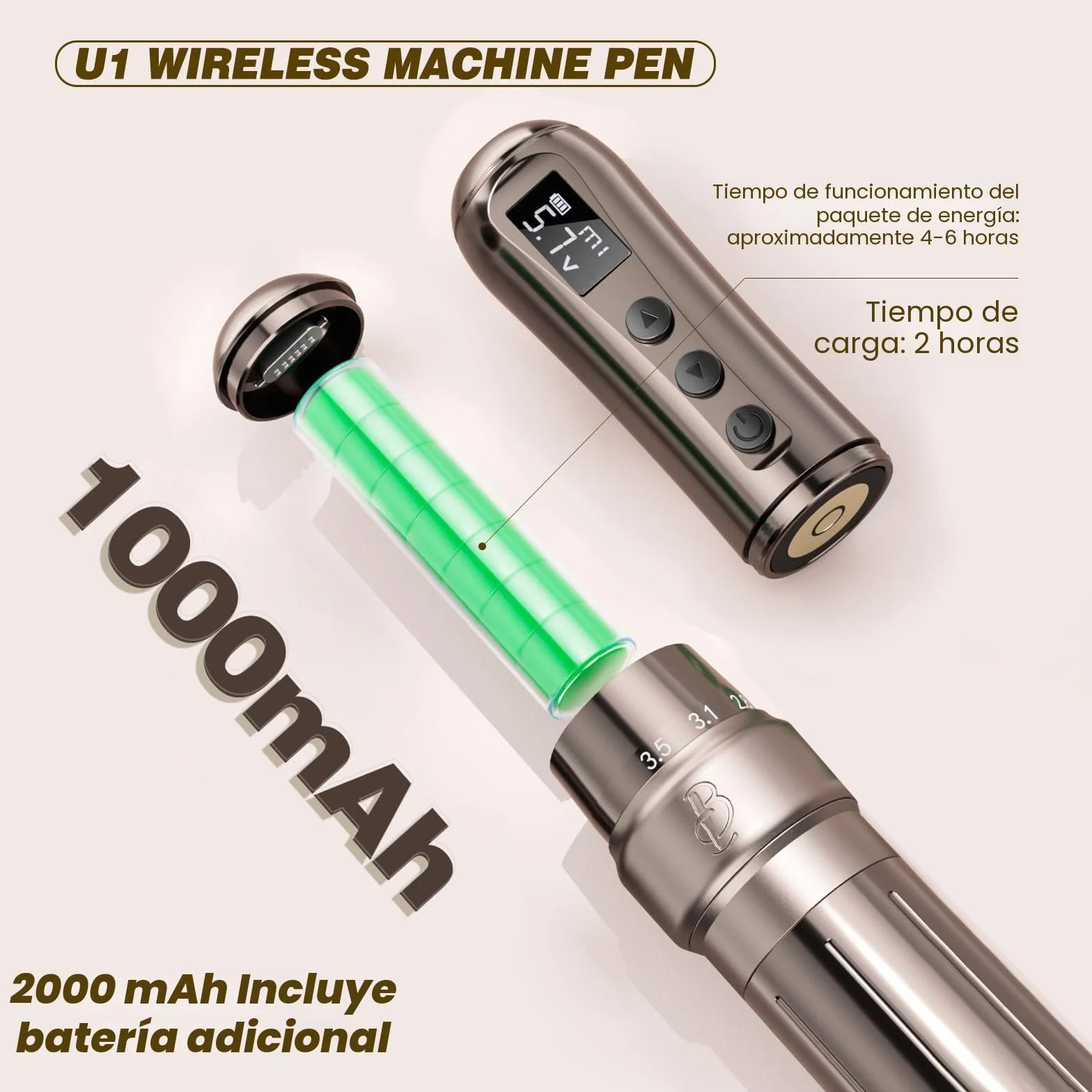 Biomaser Wireless Semi Permanent Maquillaje U1 Permanente Lápiz Inalámbrico Ajustable en Seis Tiempos Pantalla OLED para Maquillaje con 2 Batería 1000mAh