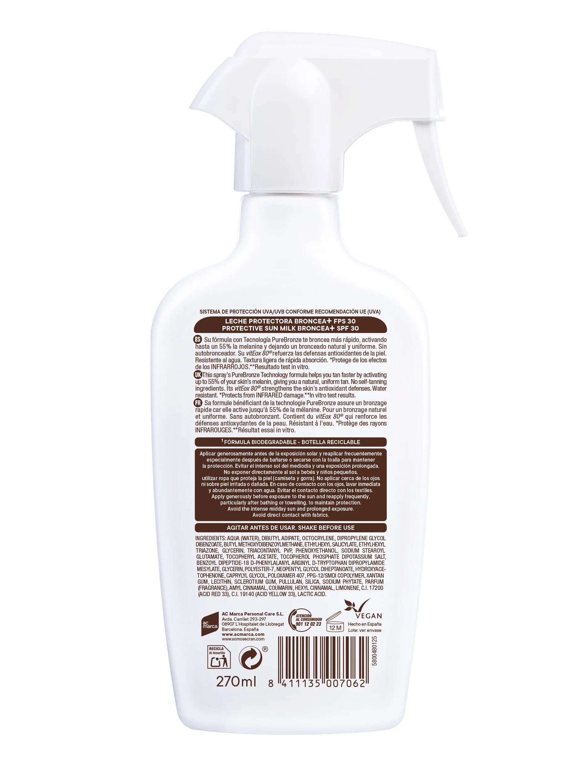 Ecran Sunnique Solar Spray SPF 30 270 ml Protección Alta UVB/UVA IR-A Activa Bronceado Natural Sin Autobronceador Resistente Agua