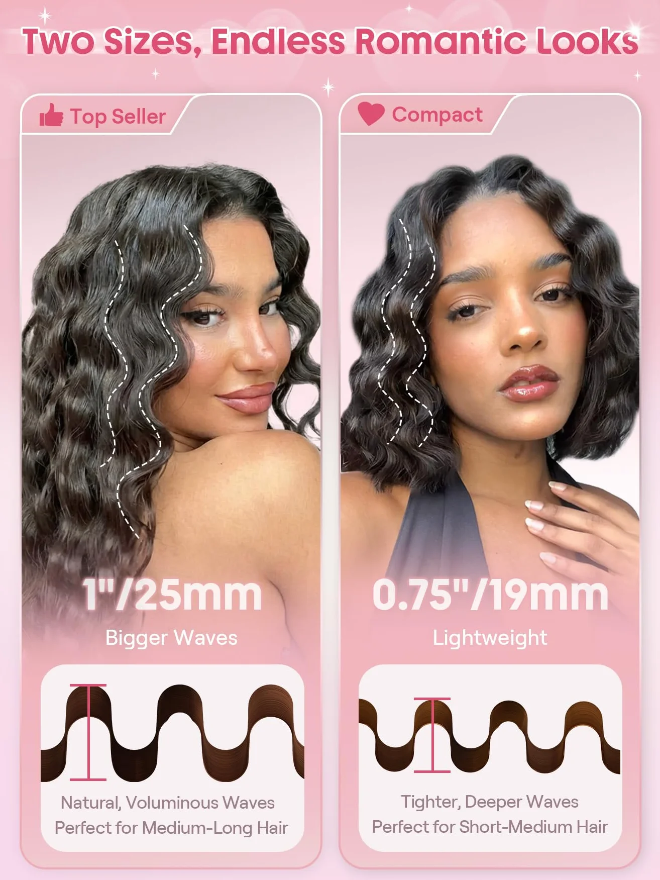 SHEGLAM Rizador Doble Barril Rosa - Ondas Beach Waves, 5 Temperaturas, Anti-Quemaduras, Doble Voltaje (25mm)