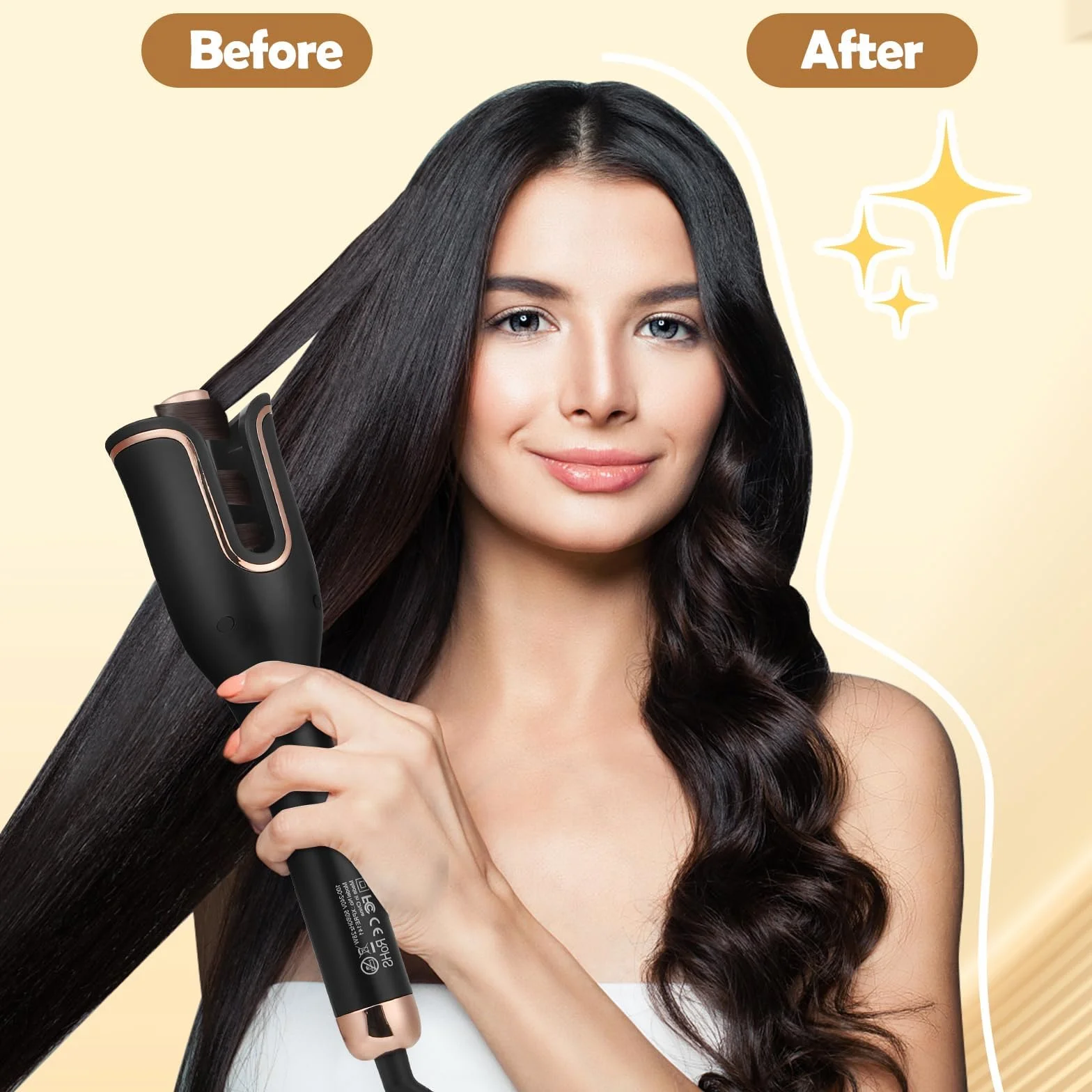 Rizador Automático de Pelo con 4 Temperaturas Ajustables, Revestimiento Cerámico, Antiescaldaduras y Calentamiento Rápido, para Rizos y Ondas