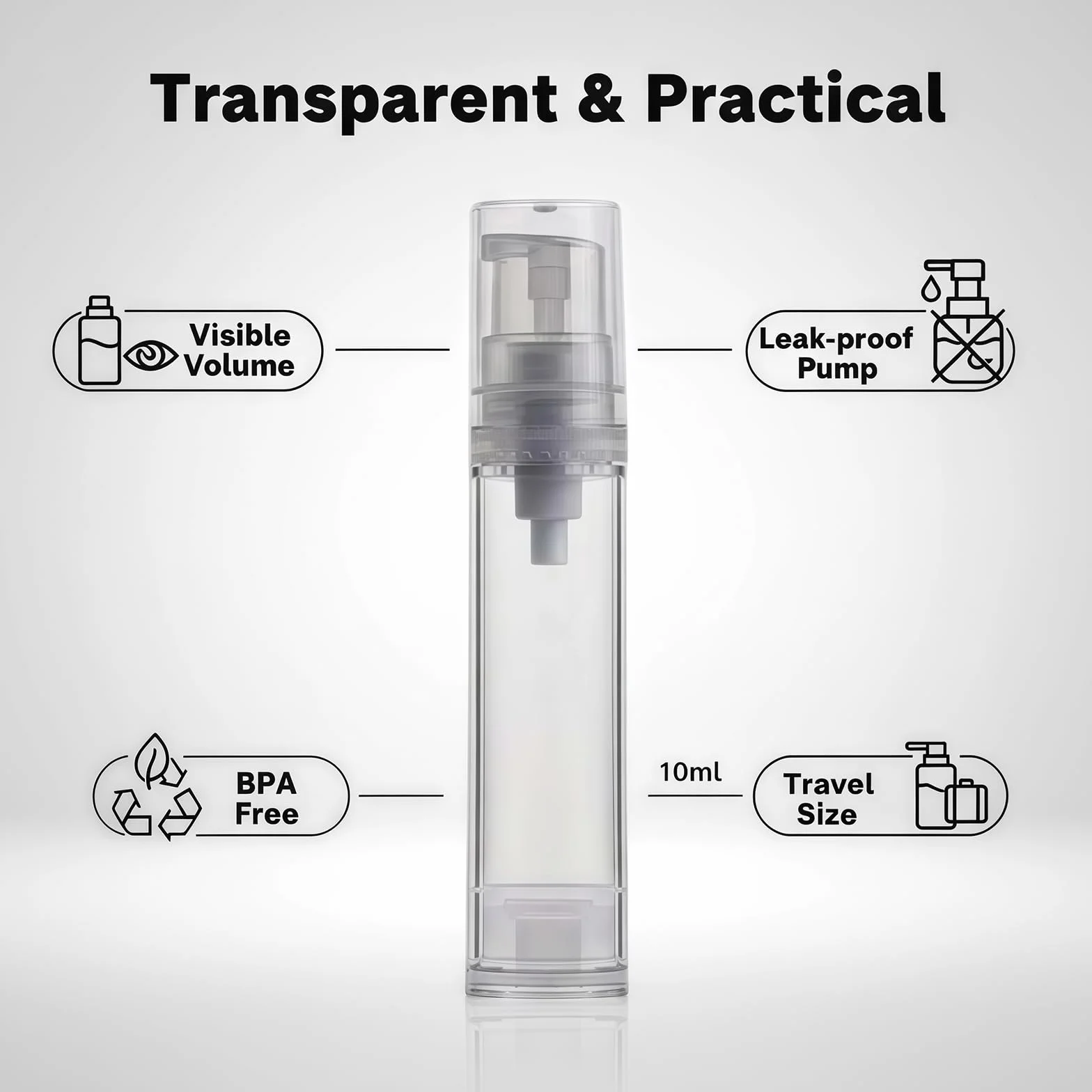 Botella de bomba sin aire recargable 10 ml plástico portátil dispensador cosméticos