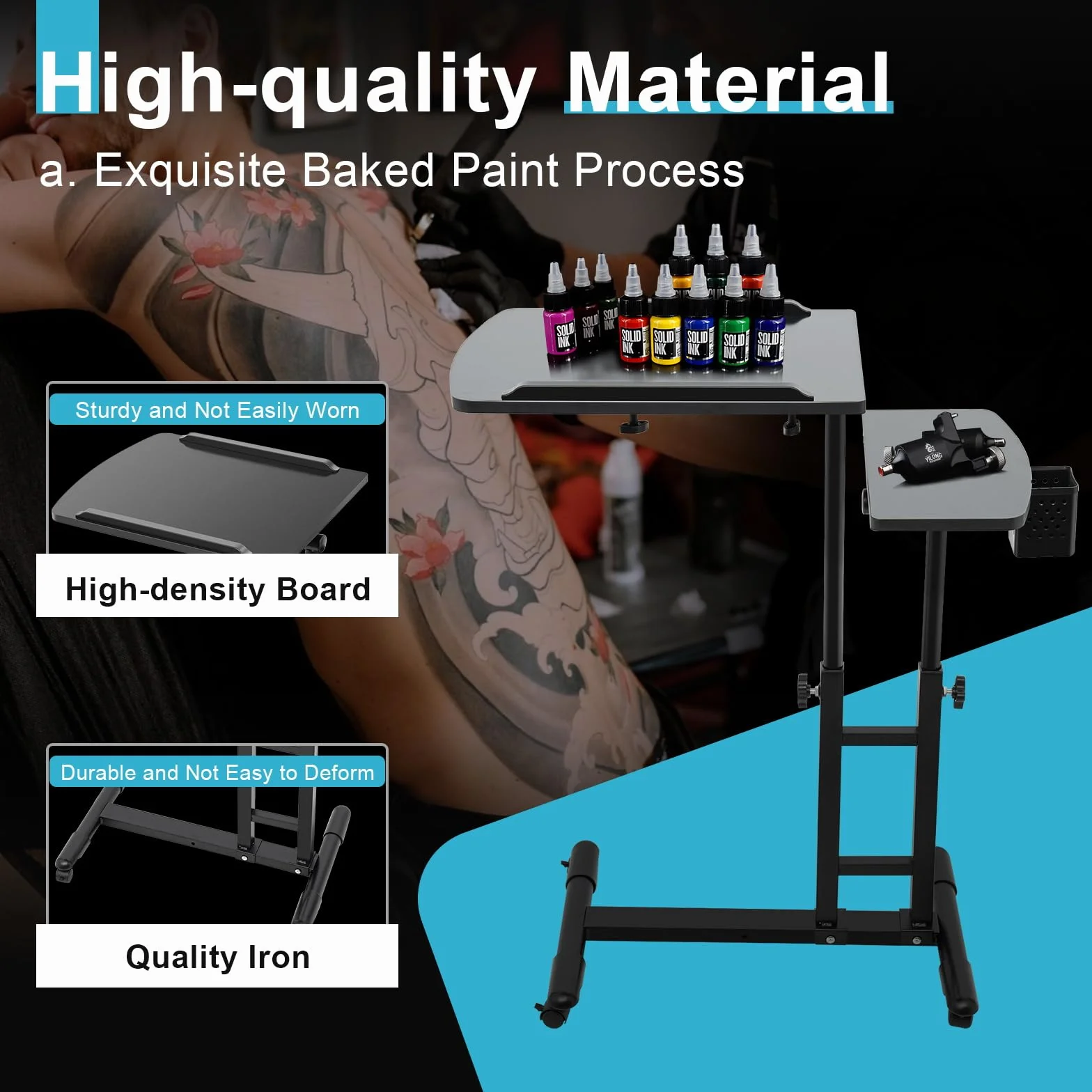 Mesa de tatuaje móvil ajustable, 65-97 cm, portátil, estación de trabajo con ruedas, accesorios de tatuaje, mesa móvil, escritorio, para salón, estudio, encimeras de trabajo dobles, carrito