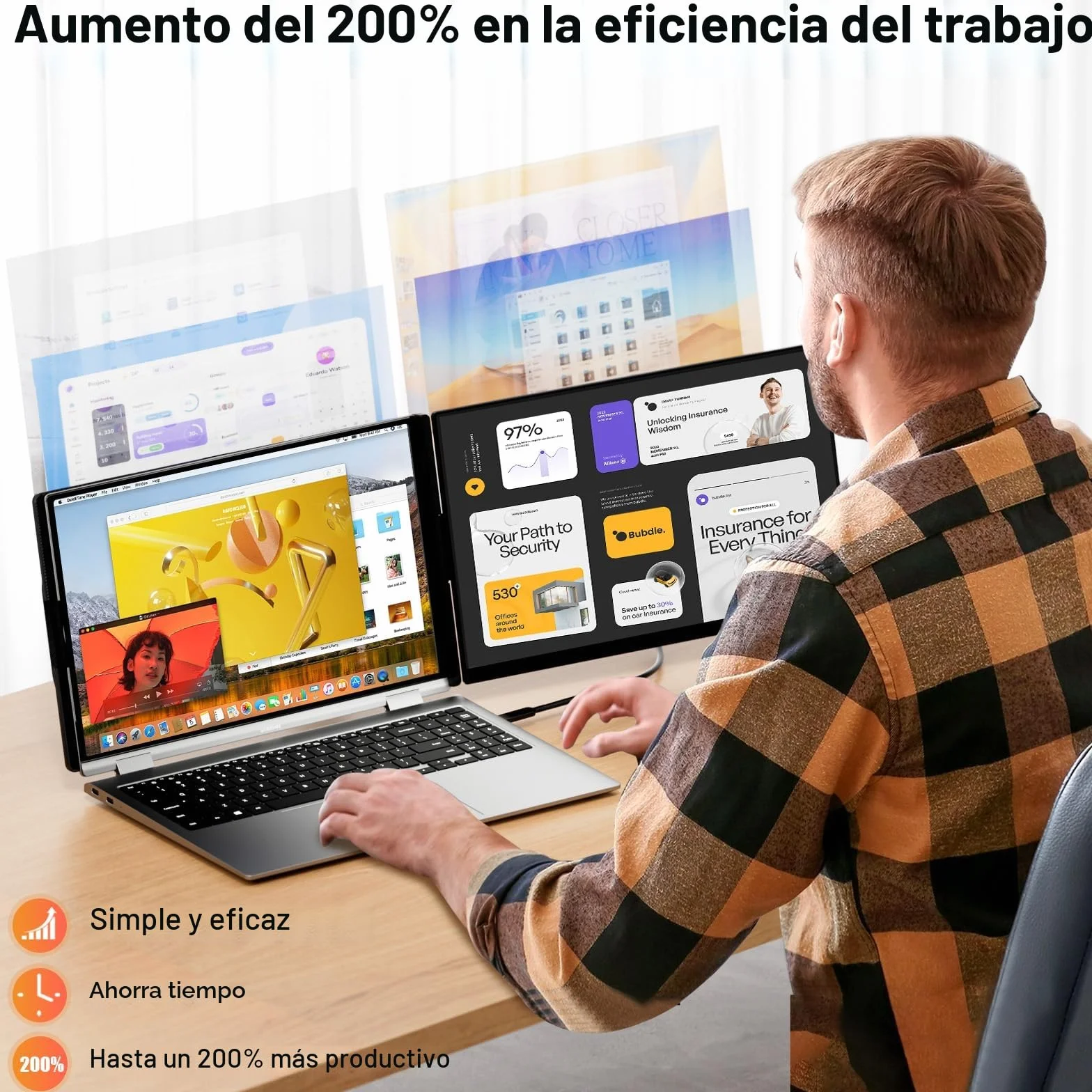 Monitor Portátil 15.6" 1080p IPS Doble Pantalla Extensor para Laptop 13-17,3 Pulgadas
