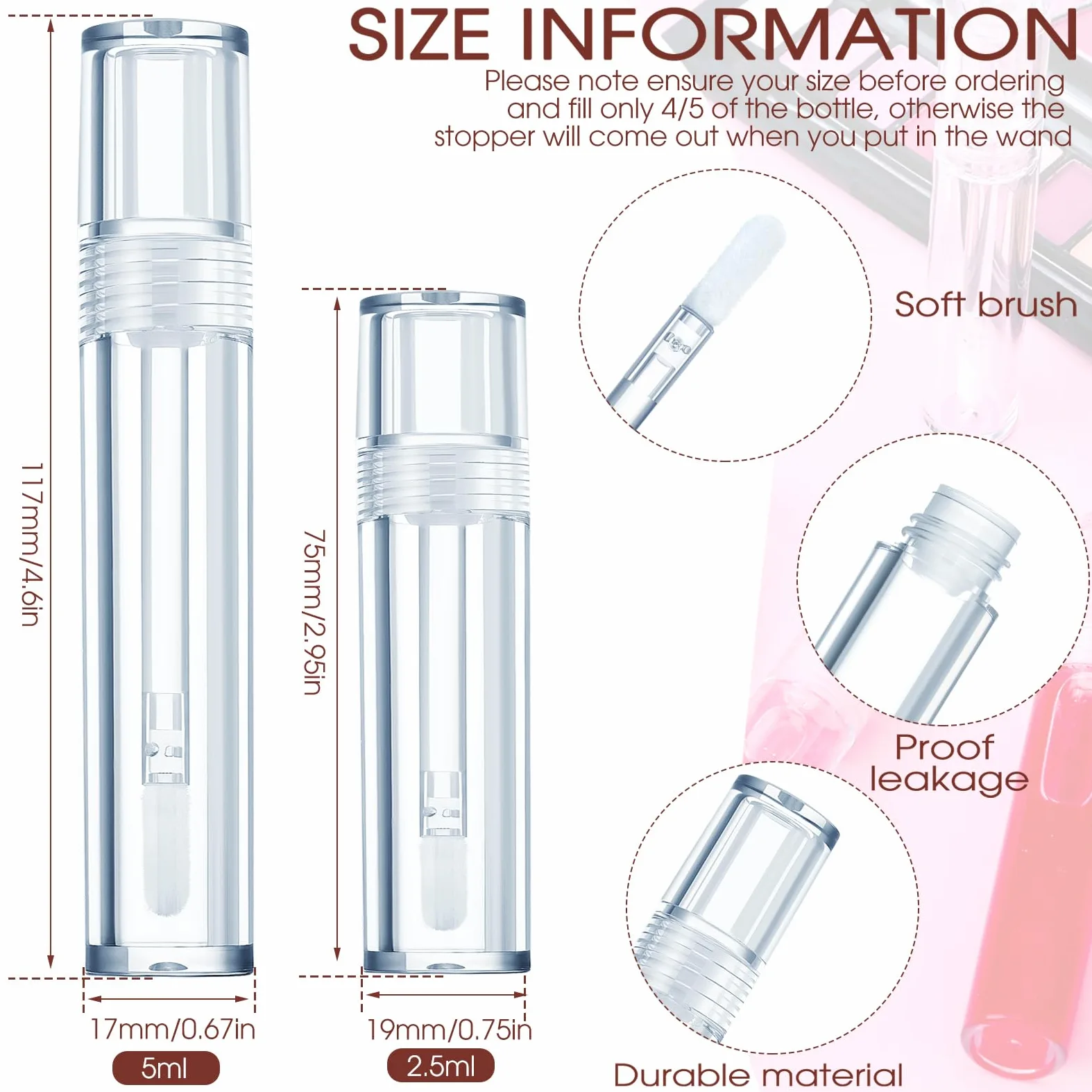 Hsei 100 tubos vacíos para brillo de labios con varita, a granel, resistentes, transparentes, para bálsamo labial, tubos rellenables, con tapones de goma para viajes, cosméticos, bricolaje, maquillaje