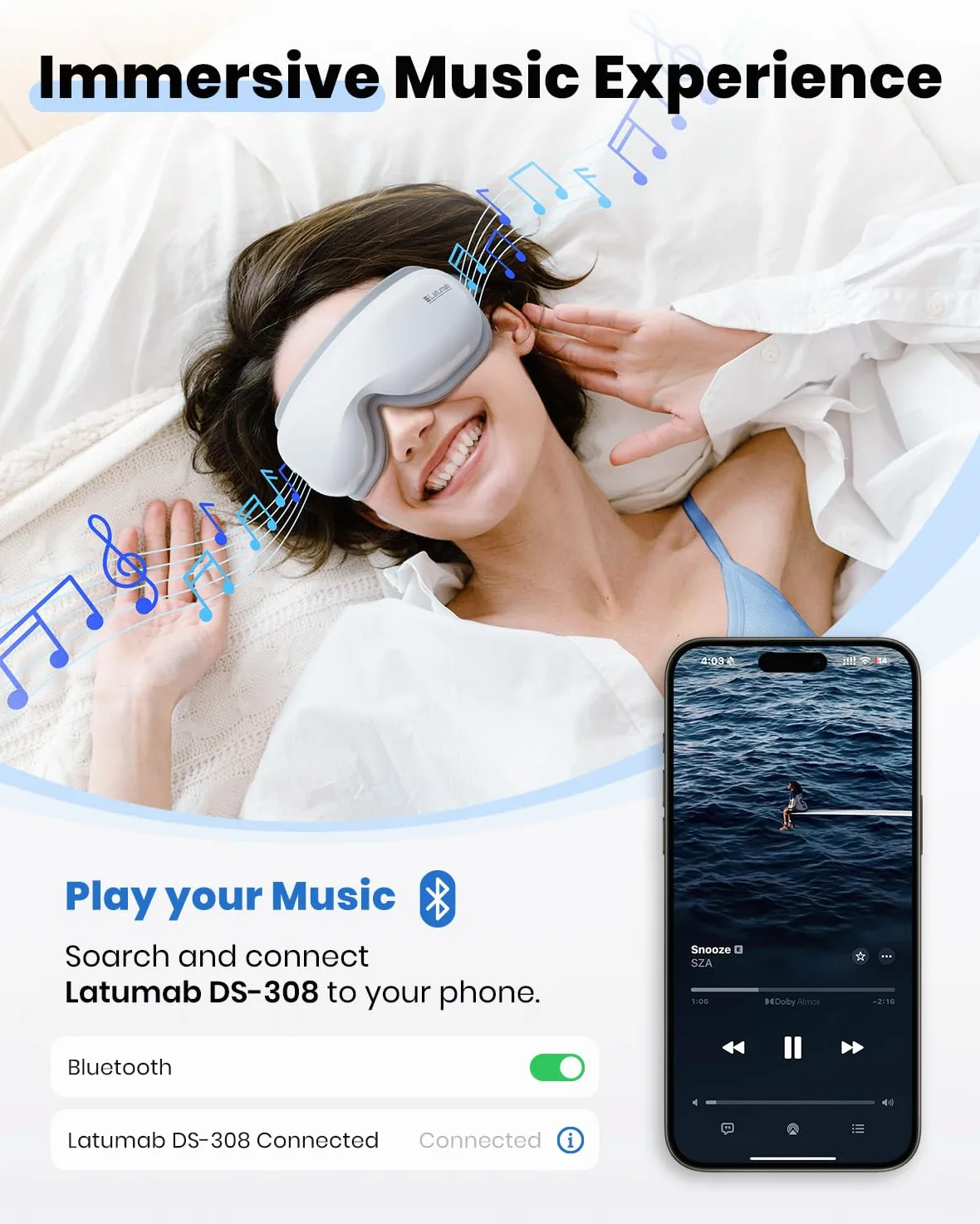 latumab Masajeador de ojos con calor, máscara de ojos calentada con música Bluetooth, masajeador facial, máscara para aliviar la migraña y el dolor de cabeza, sueño mejorado, regalos de cumpleaños