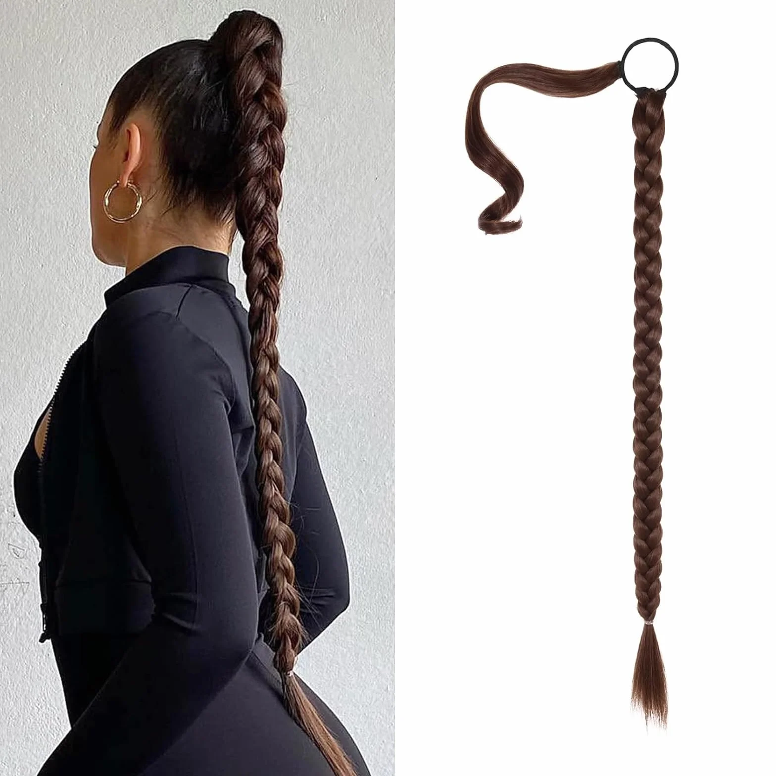 Wekuw Extensiones de pelo natural marrón para cola de caballo y trenzas