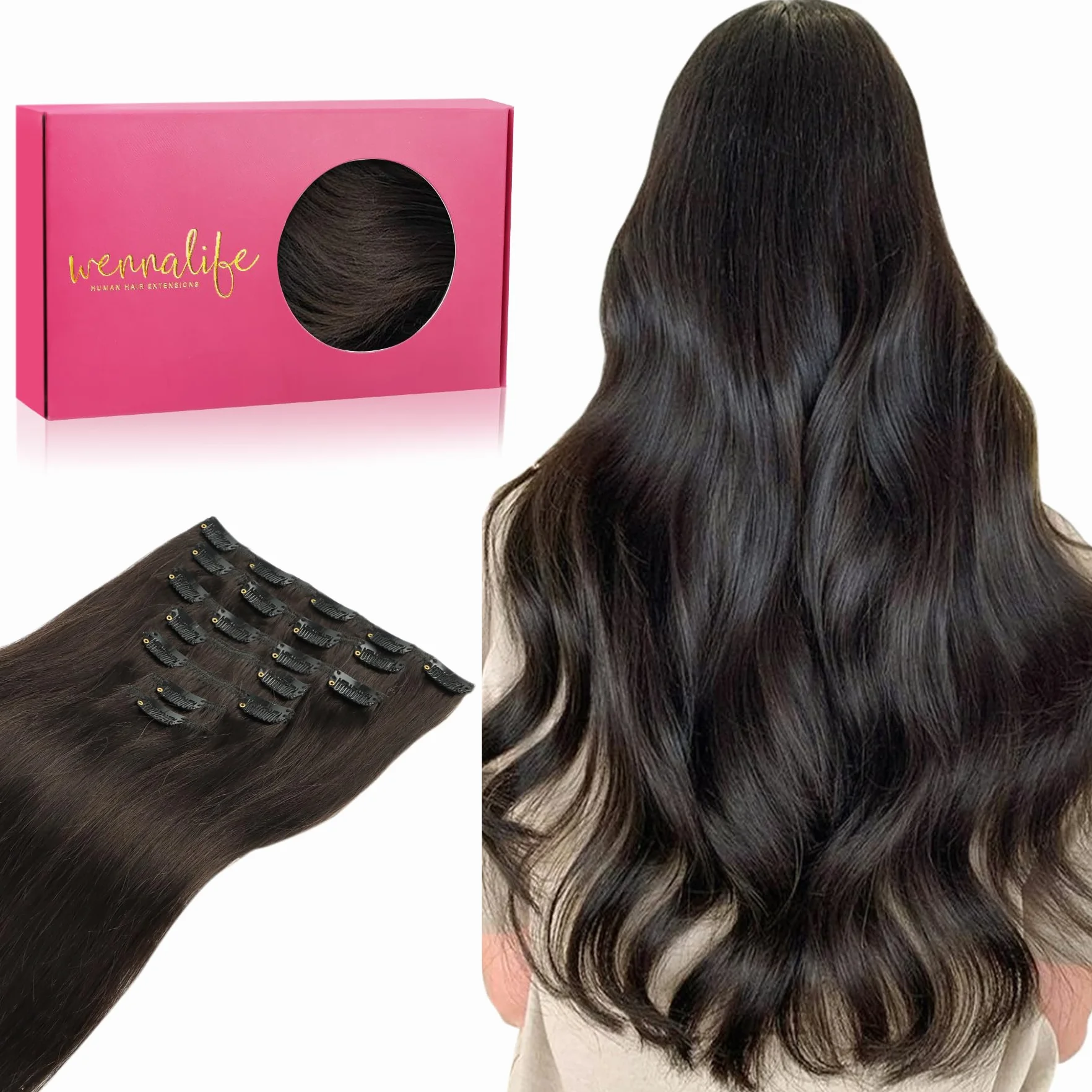 WENNALIFE Extensiones de Clip Pelo Natural 45cm 120g 7 Piezas Castaño Oscuro