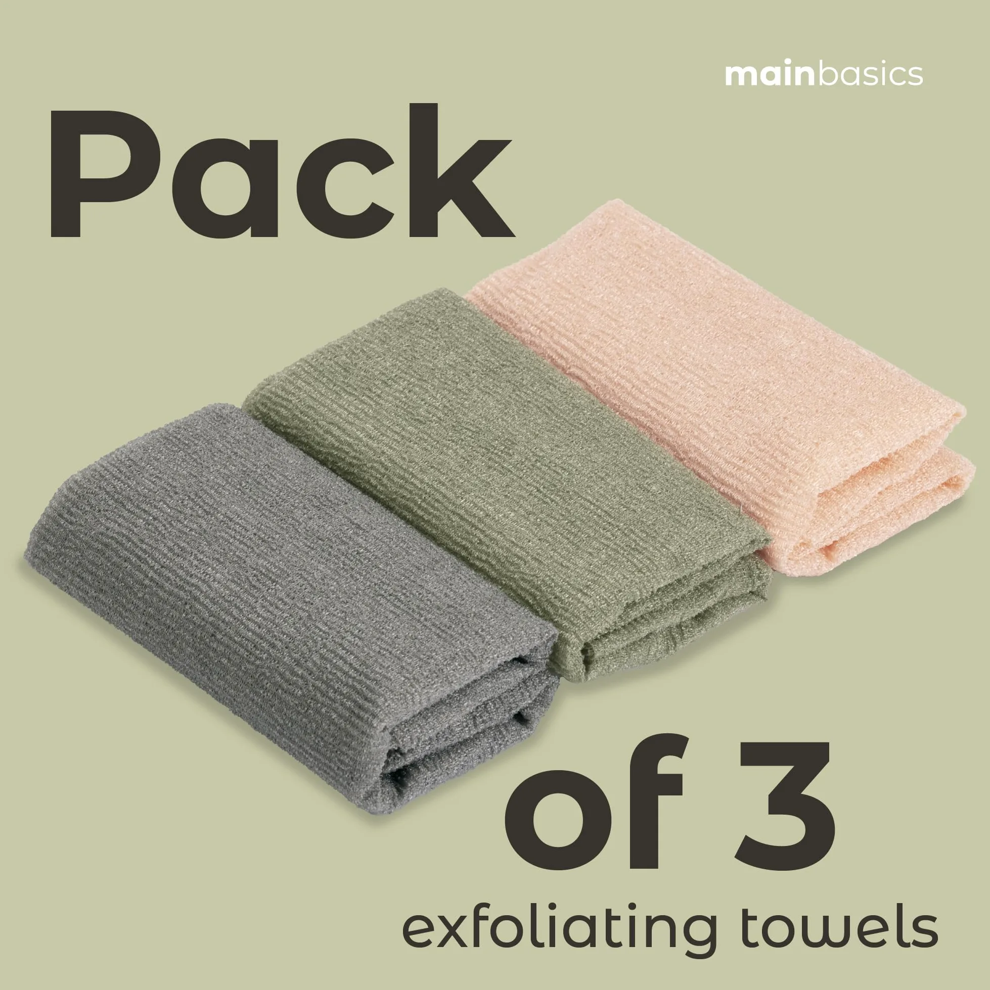 MainBasics Toalla de ducha exfoliante – Toalla de baño y paño corporal de nailon japonés, secado rápido, duradera, exfoliación media (juego de 3, Earthy Love)