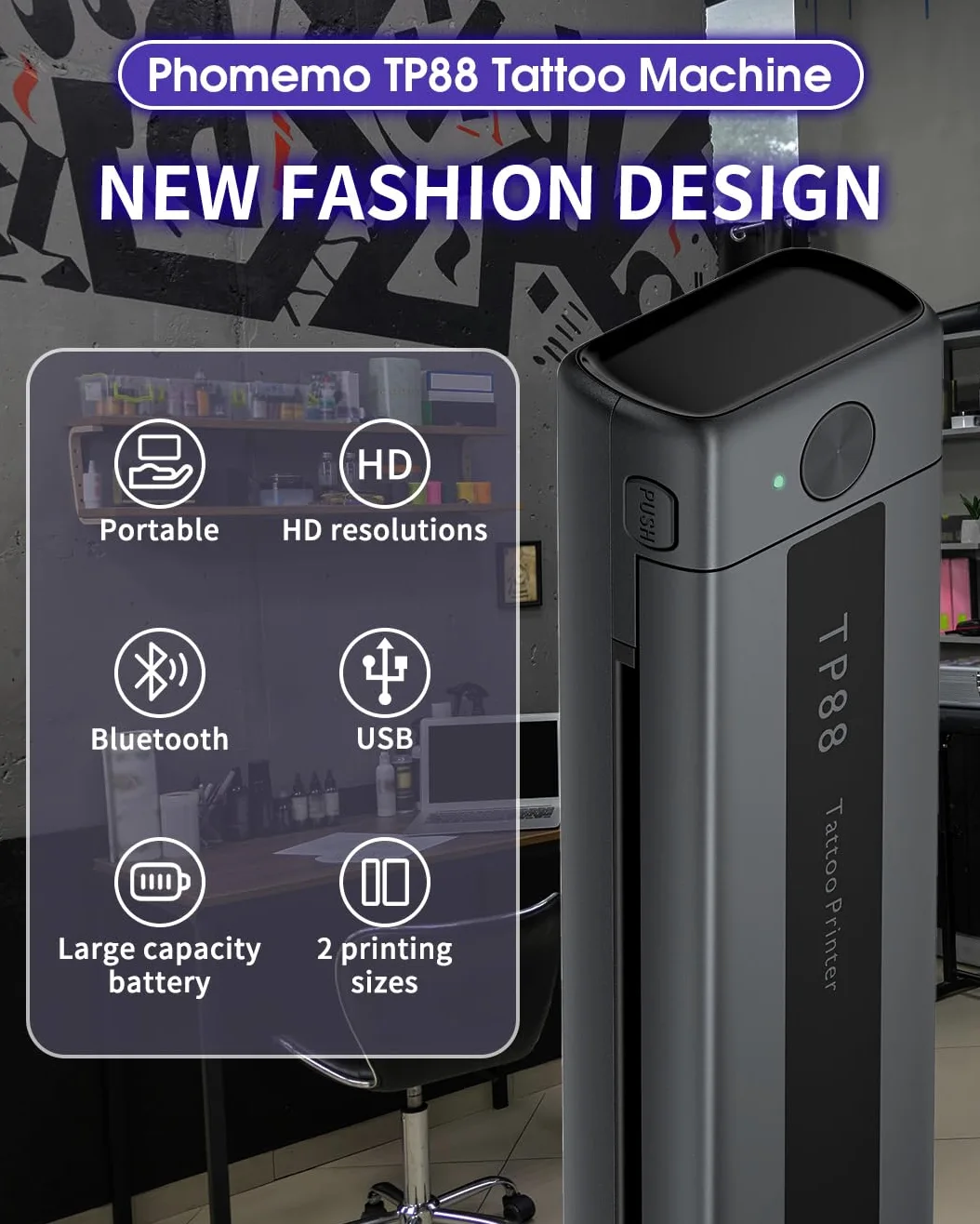 Phomemo TP88 - Impresora de plantillas de transferencia de tatuajes, impresora térmica de tatuajes con 10 piezas de papel de transferencia, máquina de tatuaje Bluetooth para artistas del tatuaje,