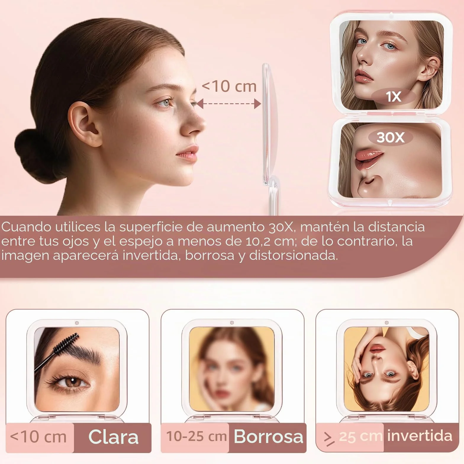 Espejo de Maquillaje Zikenis 1X/30X Aumento, Plegable Portátil con Interruptor Magnético, Rosa