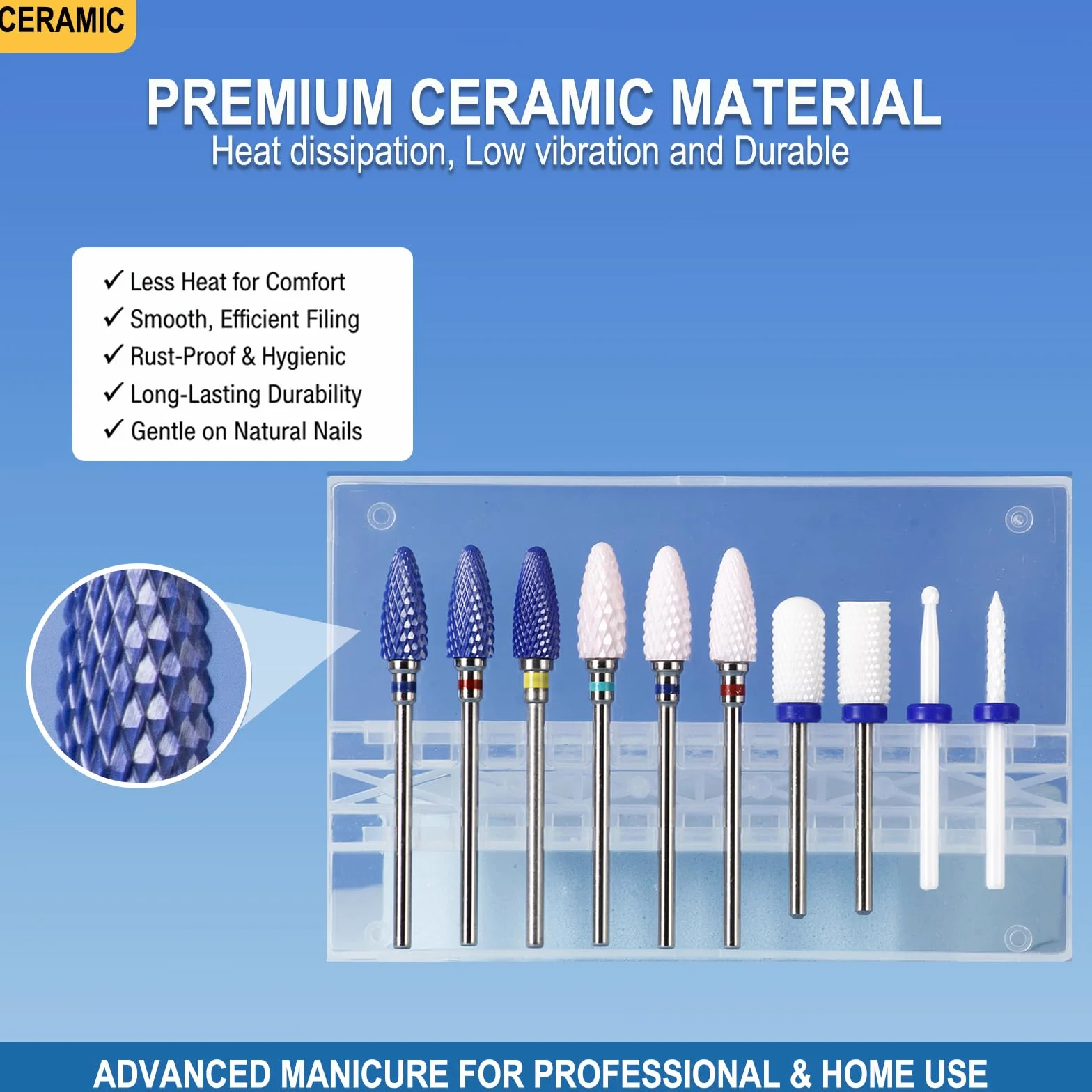 Juego de brocas de cerámica para uñas acrílicas Gel Polish Professional, kit de brocas de uñas Efile de 3/32 pulgadas para herramientas de arte de uñas con soporte, 10 unidades (S10-B)