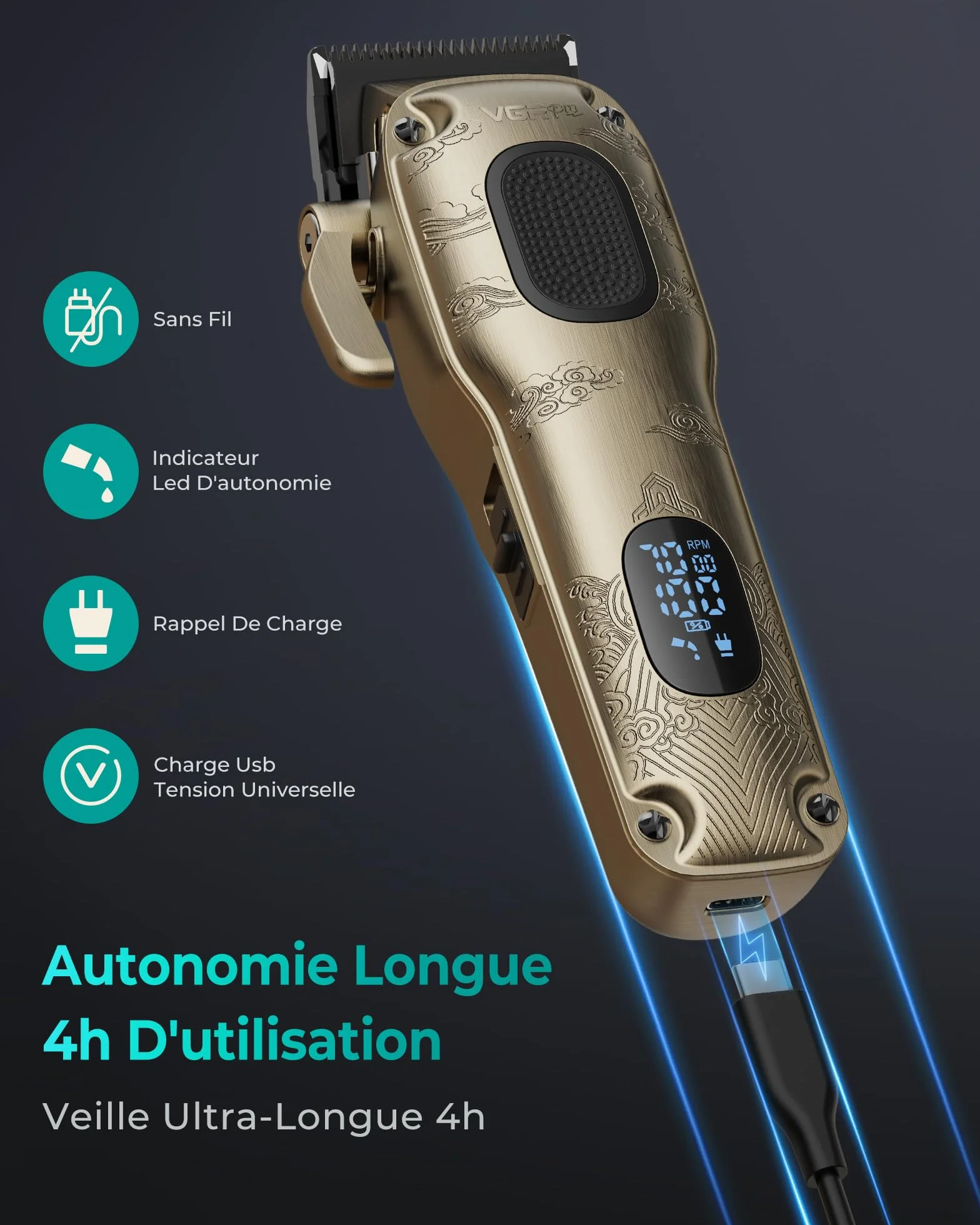 VGRPRO Profesional Máquina de Cortar Pelo Hombre Inalámbrico con Estuche LED Kit Dorado
