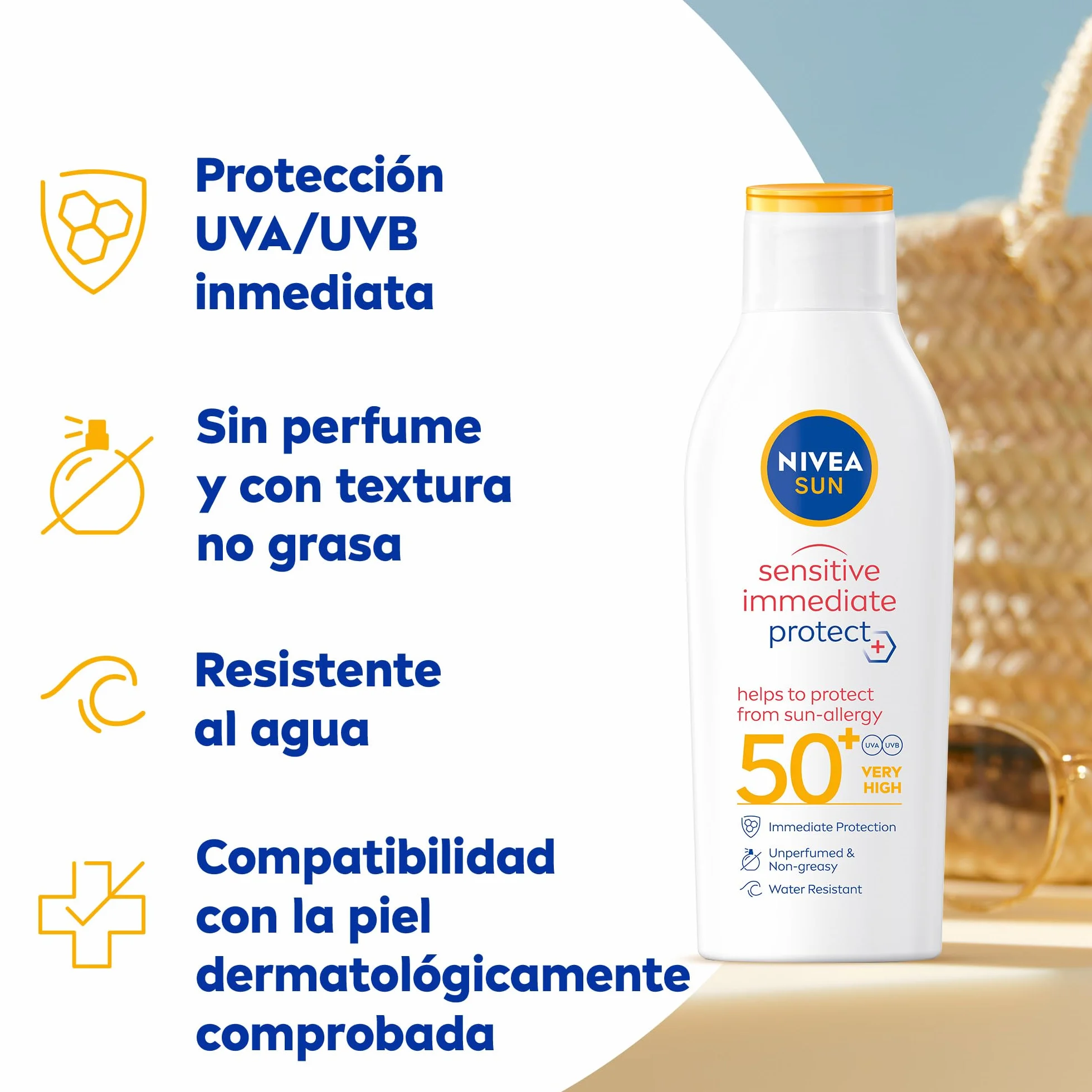 NIVEA SUN Sensitive Protección Inmediata Antialergias Solares Leche Solar FP 50+ 200 ml, protector solar no graso para piel sensible, resistente al agua