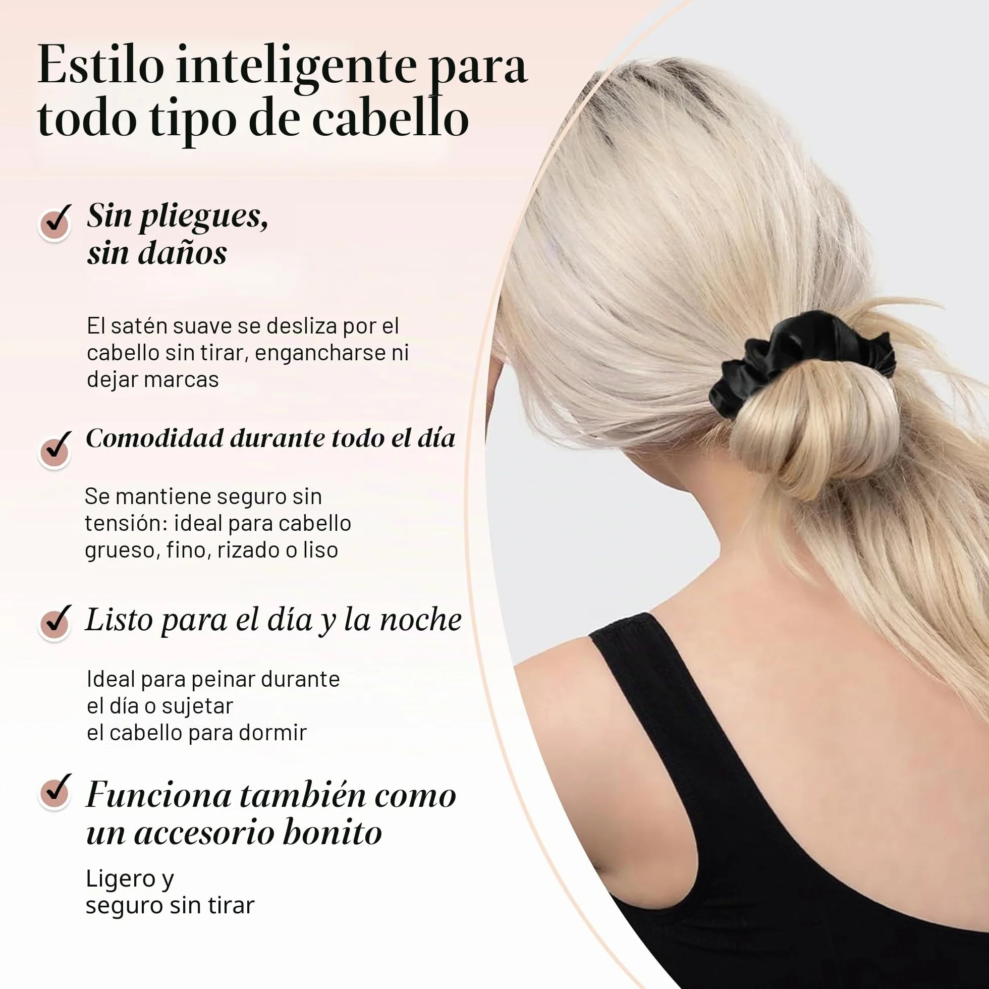 Kitsch 5 gomas de pelo de satén, antiencrespamiento y rotura, agarre suave, negras