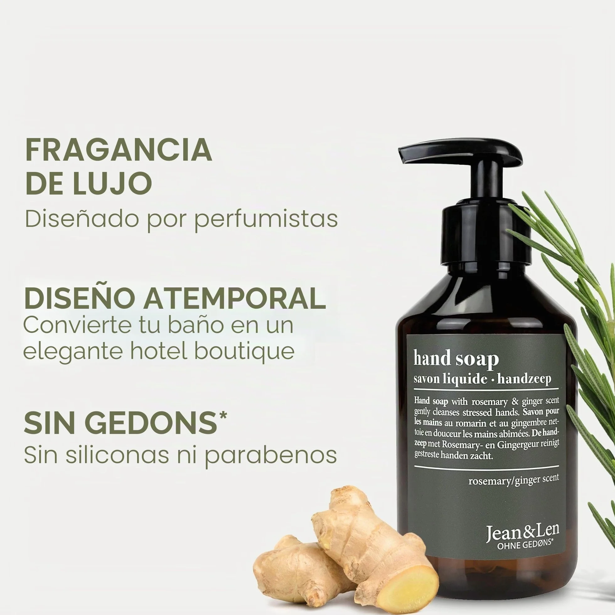 Jean & Len Jabón de manos Rosemary & Ginger 250 ml dosificador recargable