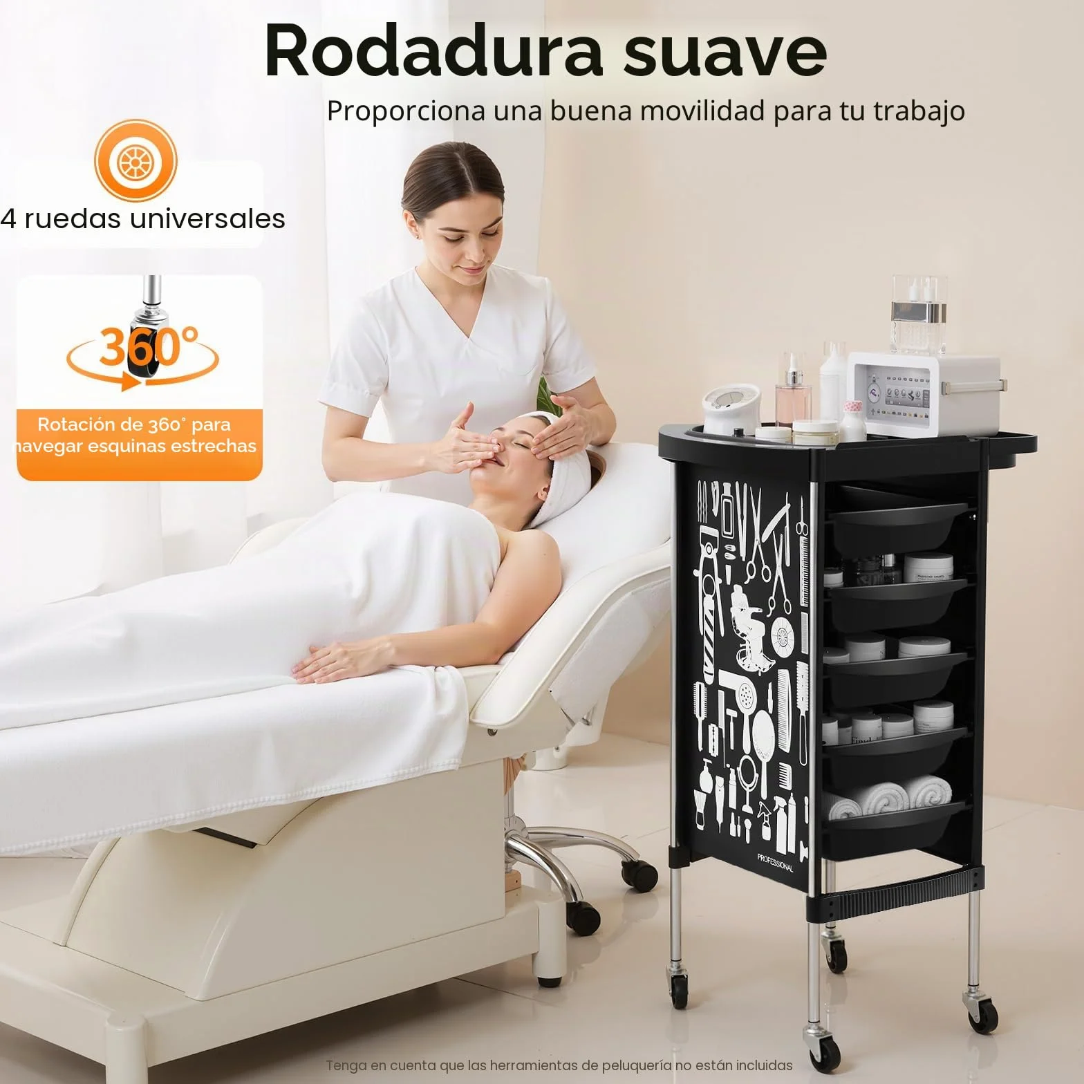 Carrito de salón 5 cajones con ruedas para estilista peluquería spa 20 kg negro