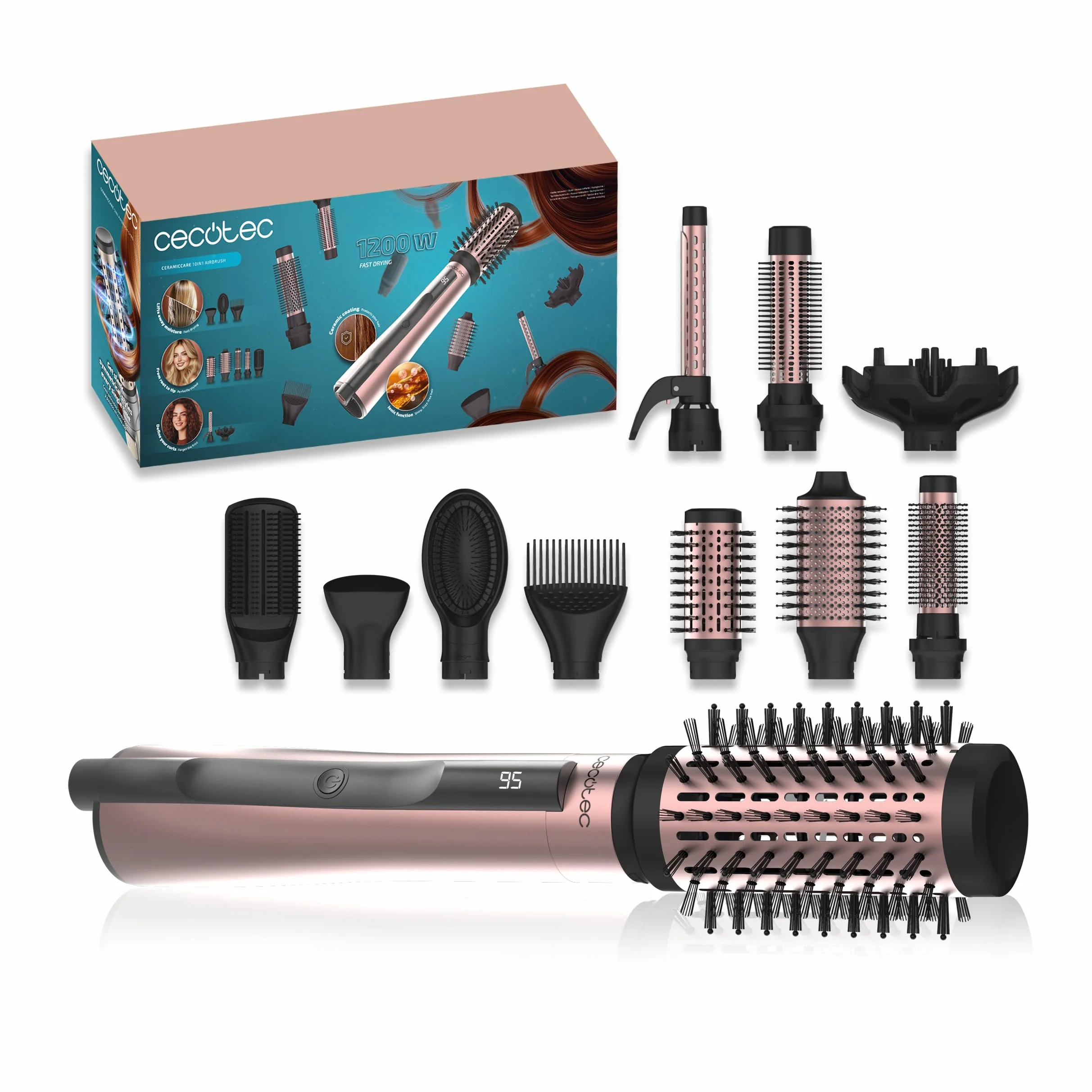 Cecotec Cepillo de Aire AirBrush 10in1 1200W CeramicCare Secador Alisador Rizador