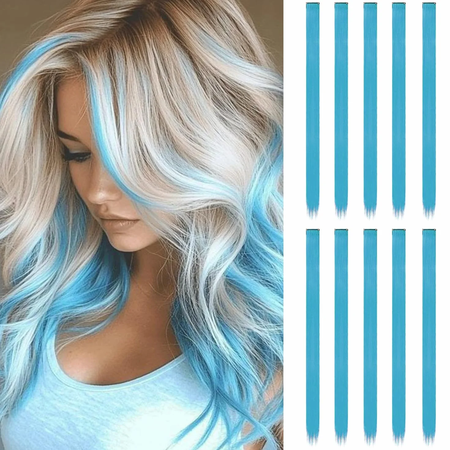 Extensiones Pelo Clip 55 cm Liso Largo (Azul Lago) 10 Piezas