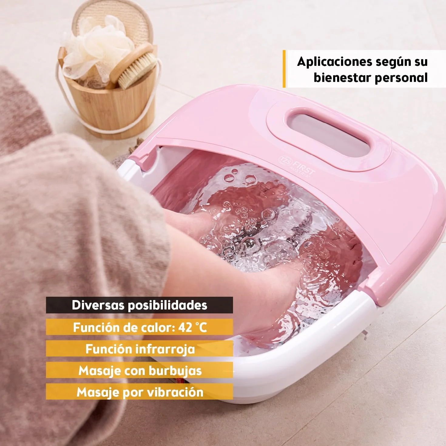 TZS First Austria Hidromasajeador plantar plegable 450W 3 accesorios 8 rodillos de masaje Pediluvio eléctrico vibración burbujas infrarrojos calefacción