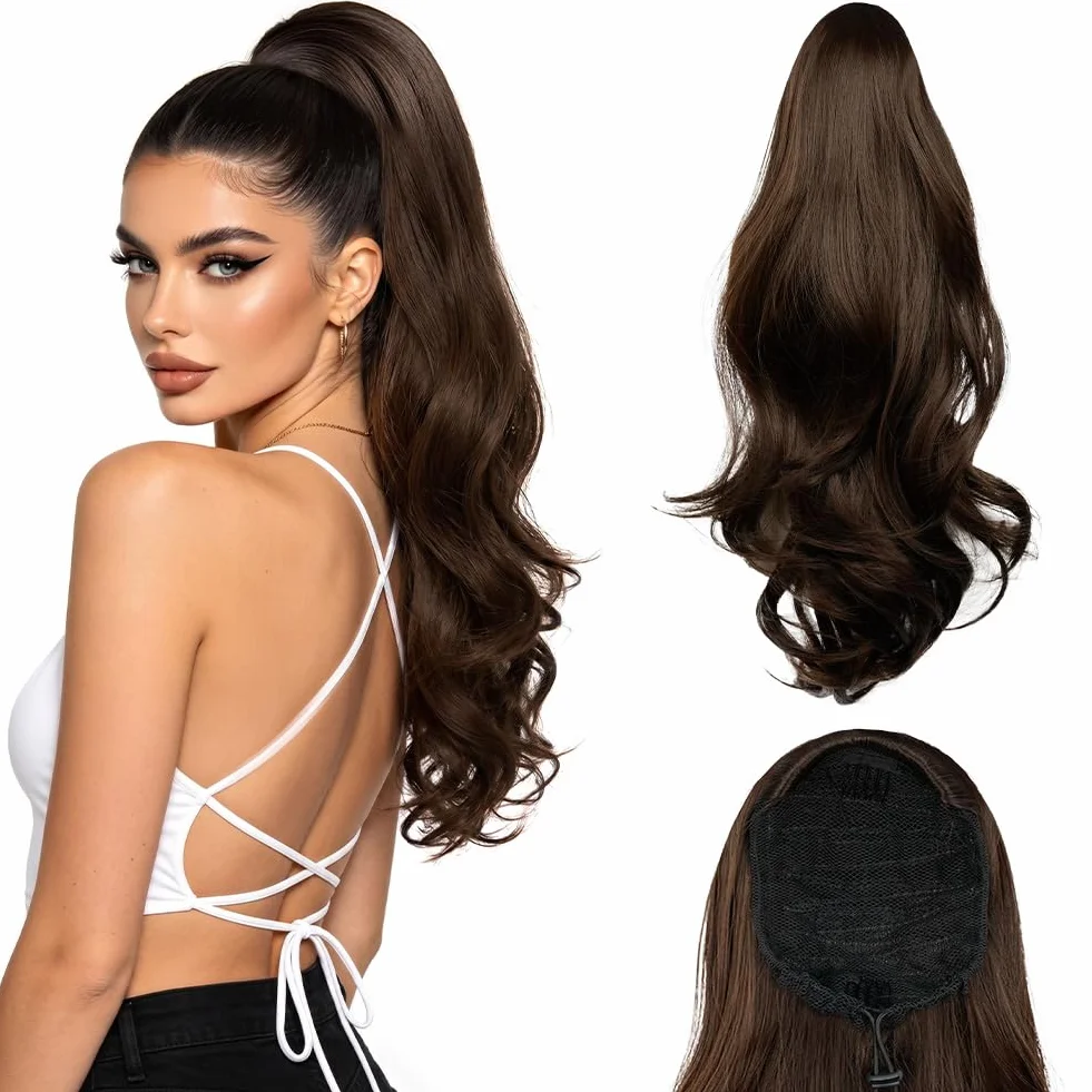 Flintronic Coleta Postiza de Caballo con Cordón, Extensión de Cola para Mujeres, Ondulado Rizado Sintética, Marrón Oscuro, 50cm