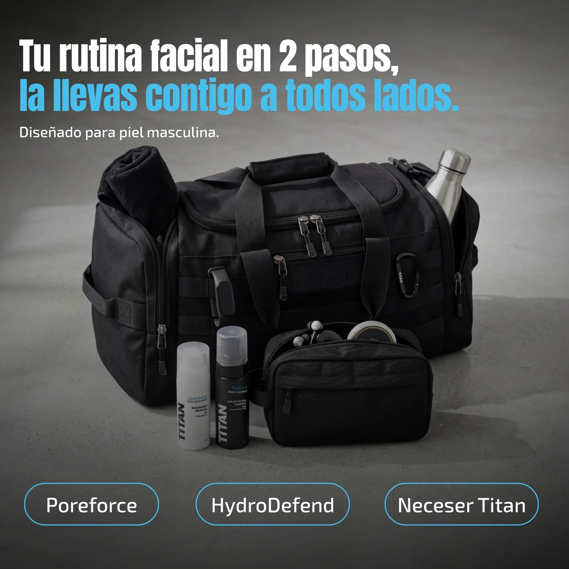 Titan Kit Cuidado Facial Hombre – Espuma Limpiadora PoreForce con Carbón Activo 150ml + Crema HydroDefend con Niacinamida y Péptidos 50ml + Neceser Nylon Balístico – Hecho en España